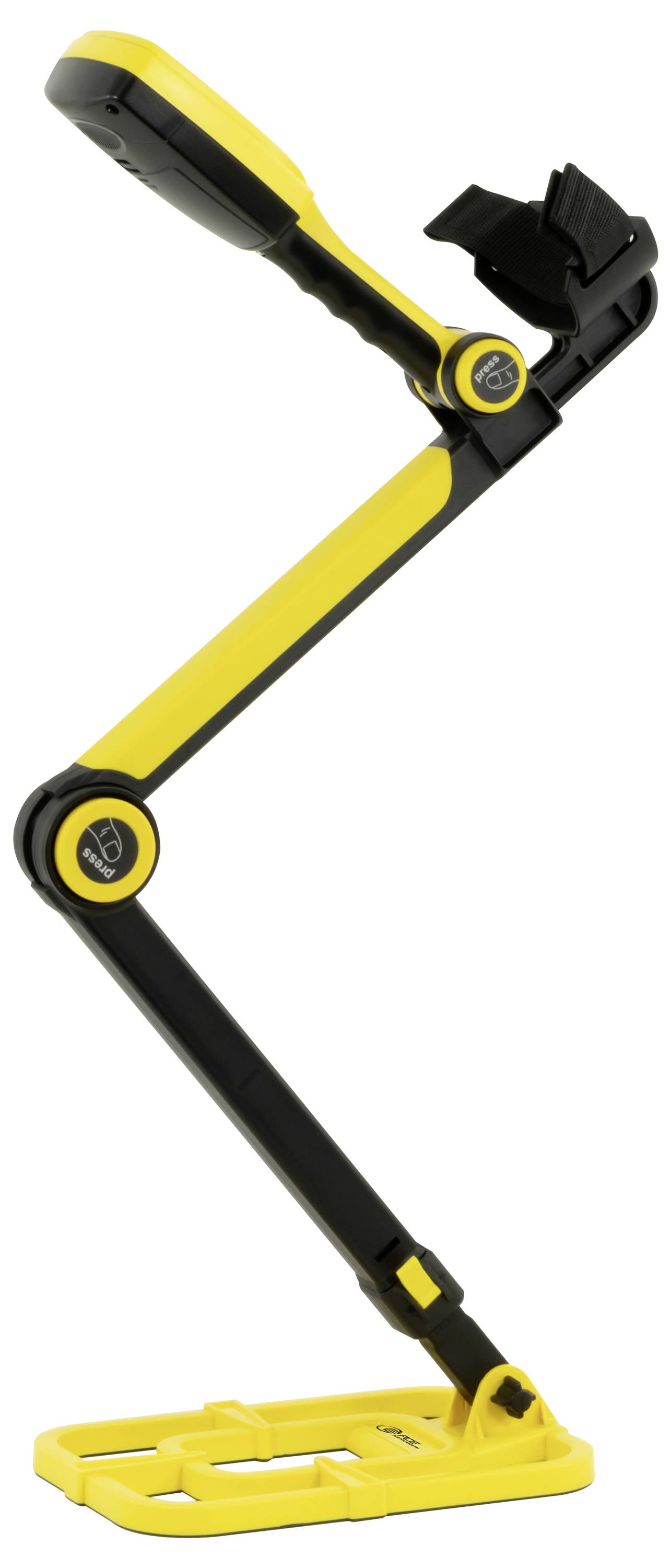 Gelbe und schwarze verstellbare Steharbeitsleuchte oder Lampe mit Gelenkarm und beschwerte Basis auf weißem Hintergrund.