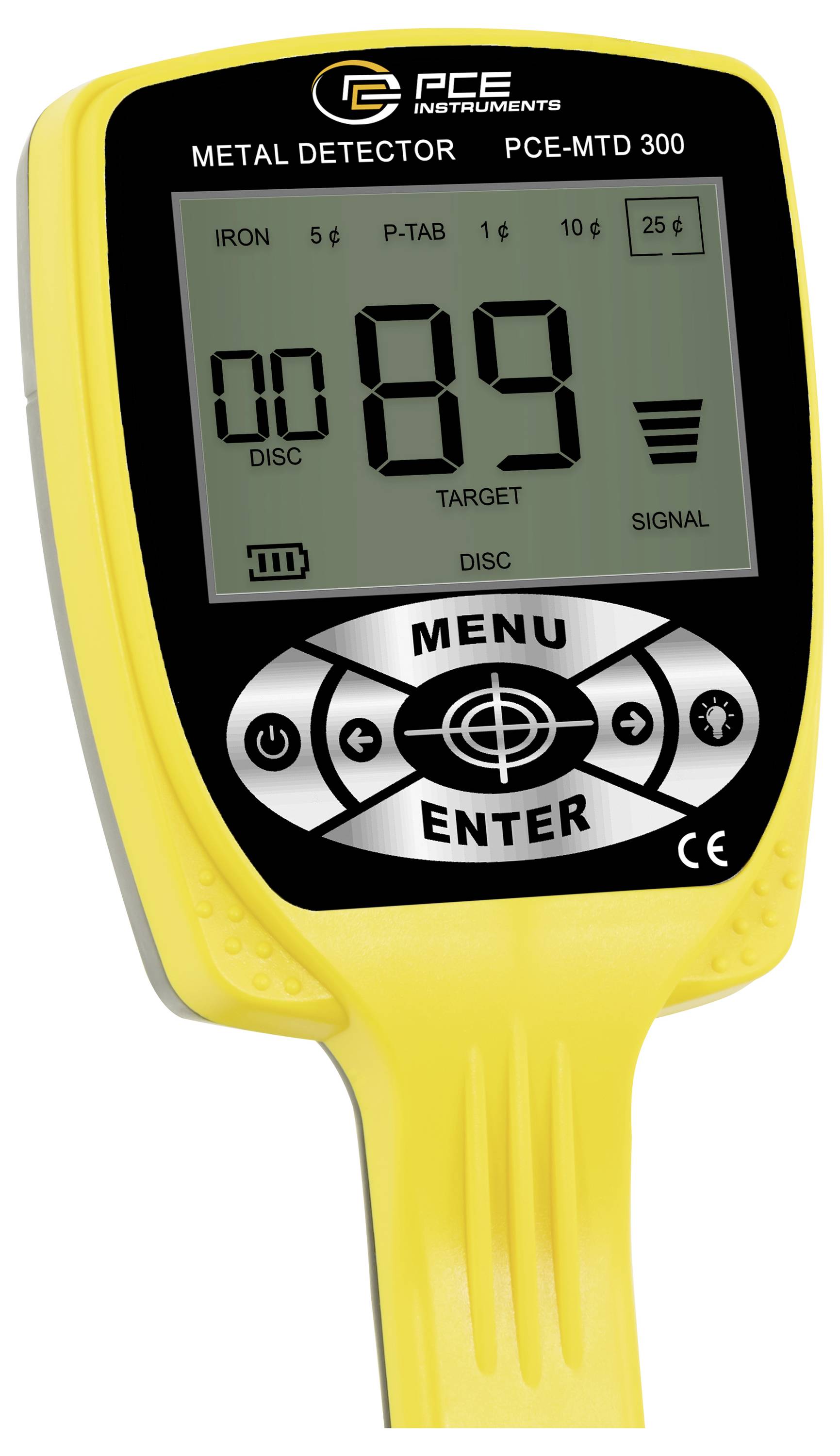 Tragbares Metalldetektionsgerät mit einem Display, das '89' anzeigt, und Steuertasten, gekennzeichnet als CFC Instruments PCE-MTD 300.