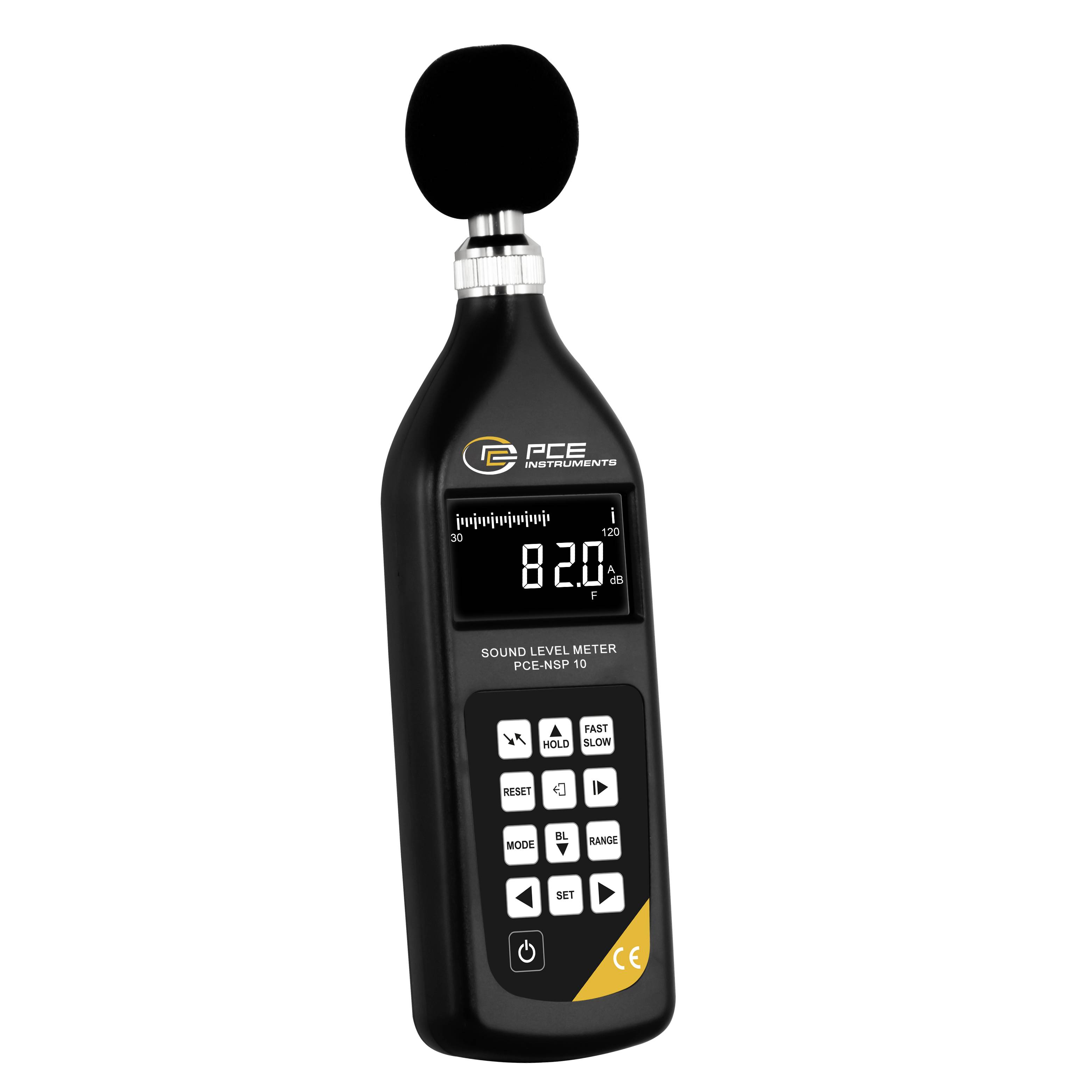 Tragbares Schallpegelmessgerät mit Schaumstoff-Windschutz für das Mikrofon, das auf seinem digitalen Display einen Messwert von 82,0 dB anzeigt.