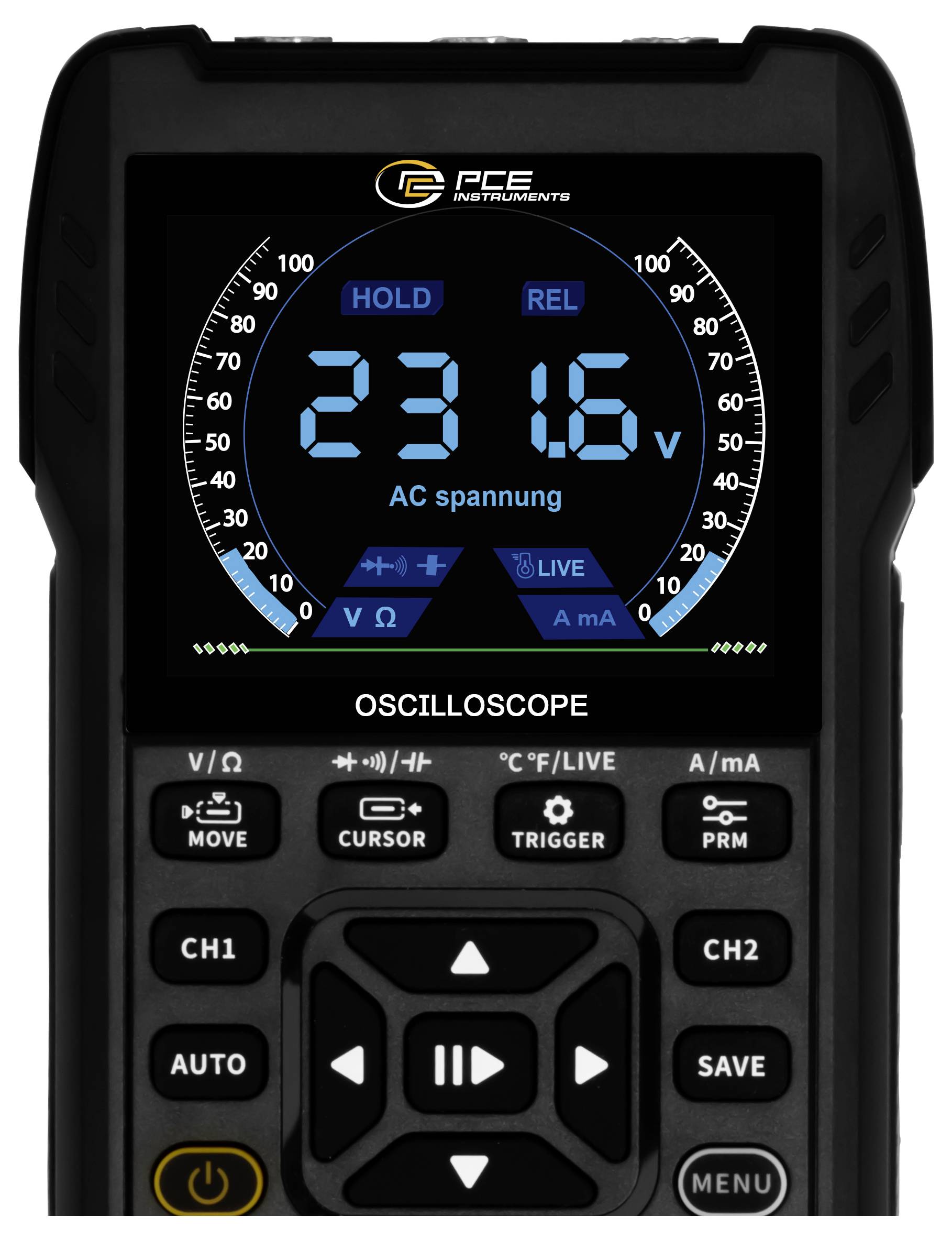 Tragbares digitales Oszilloskop zeigt 231,6 V AC-Spannung auf dem Bildschirm mit Kanal-, Trigger-, Speicher- und Menüreglern darunter.