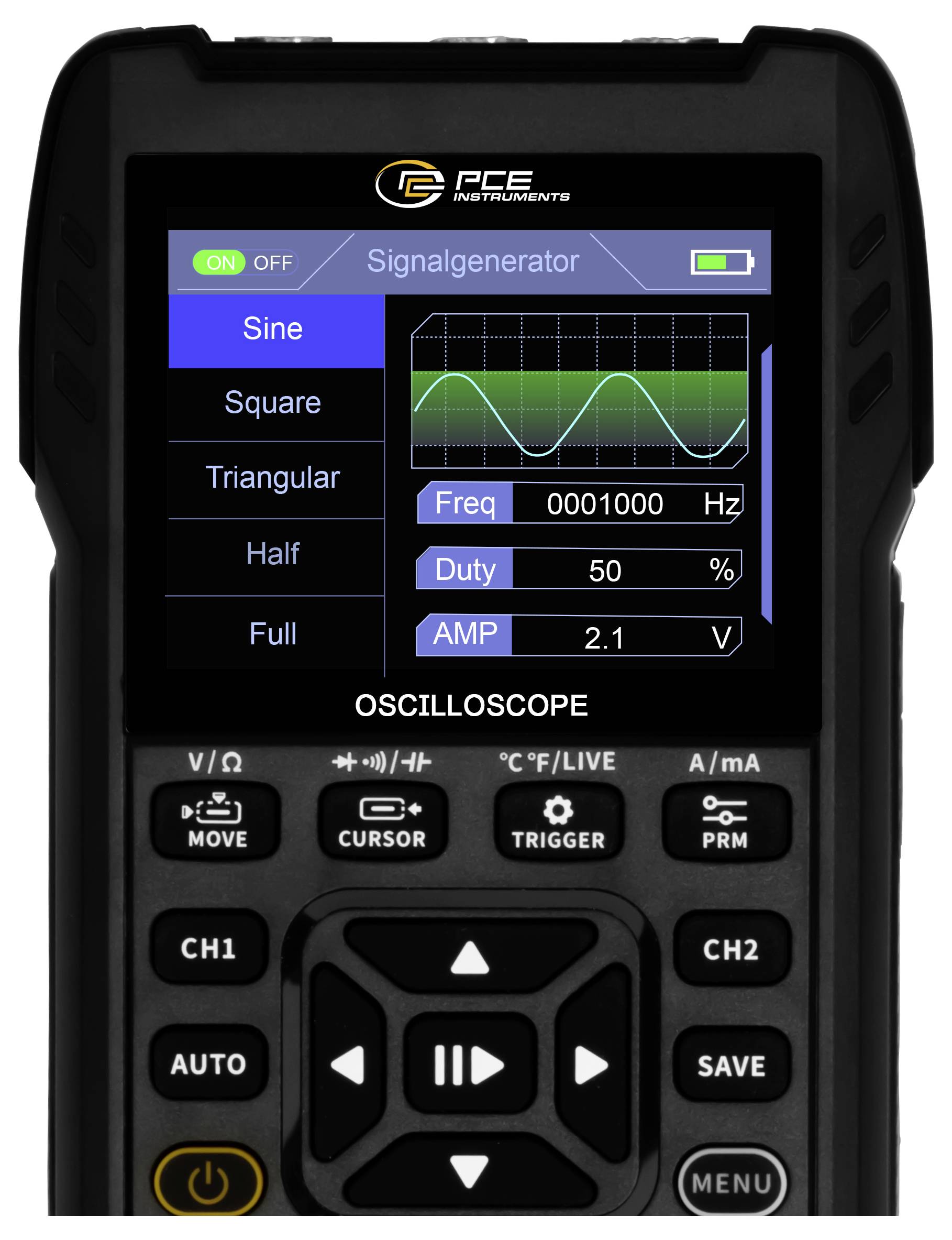 Tragbares PCE-Messinstrument Signalgenerator/Oszilloskop, das eine Sinuswelle anzeigt, mit Einstellungen für Frequenz, Tastverhältnis und Amplitude sowie Steuertasten darunter.