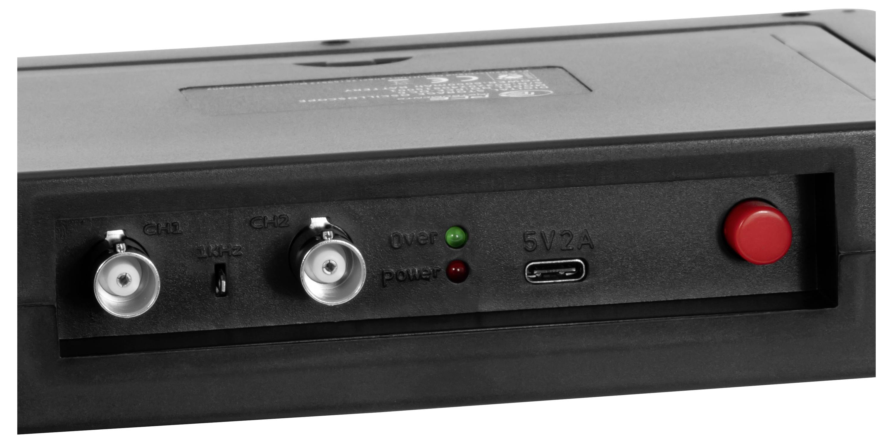 Frontplatte eines schwarzen elektronischen Geräts mit zwei koaxialen Anschlüssen, Status-LEDs mit den Bezeichnungen „over