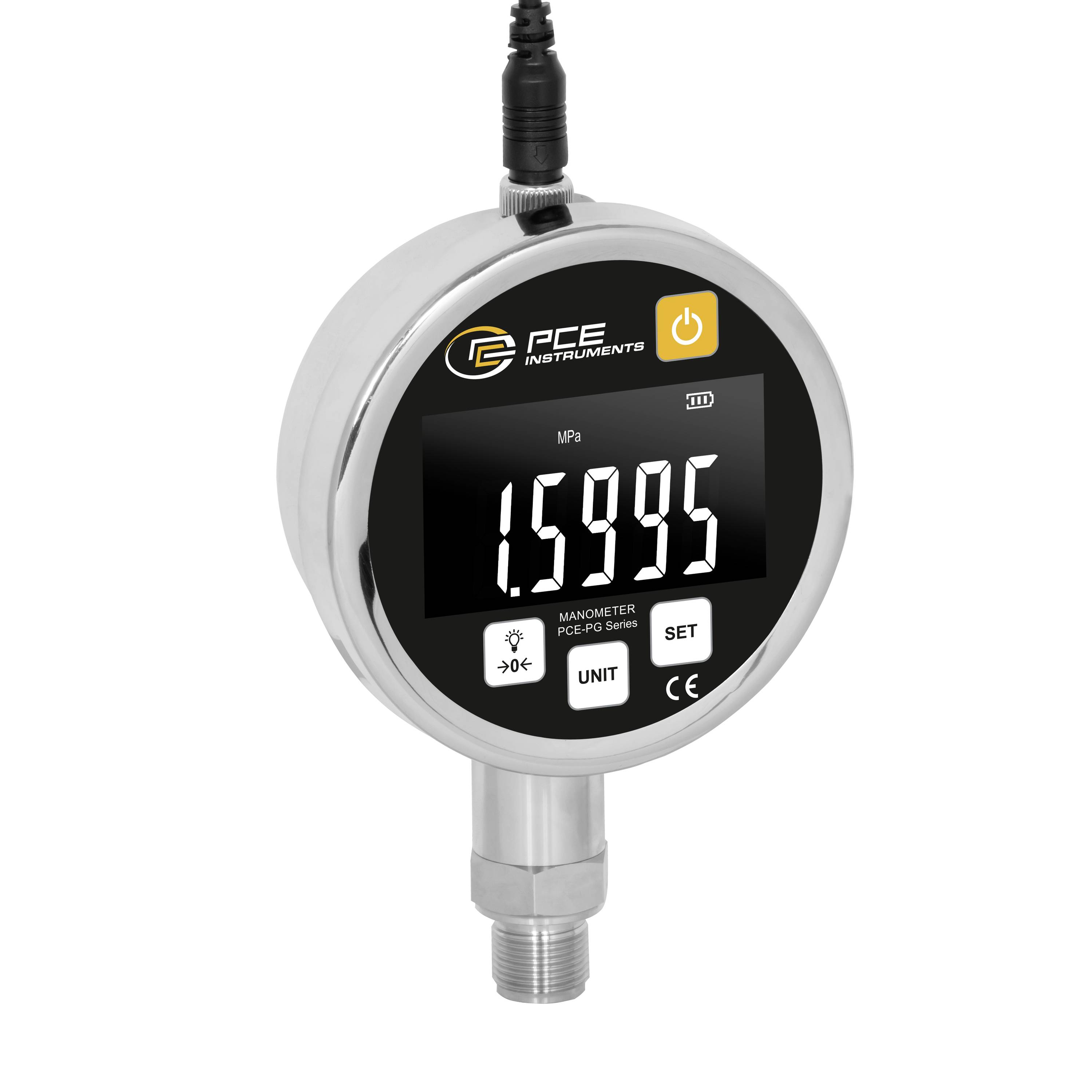 Digitales Druckmessgerät, das 15.995 MPa anzeigt, mit Ein-/Aus- und Einheit-/Einstellungstasten, montiertem Metallstecker und obenliegendem Kabel.