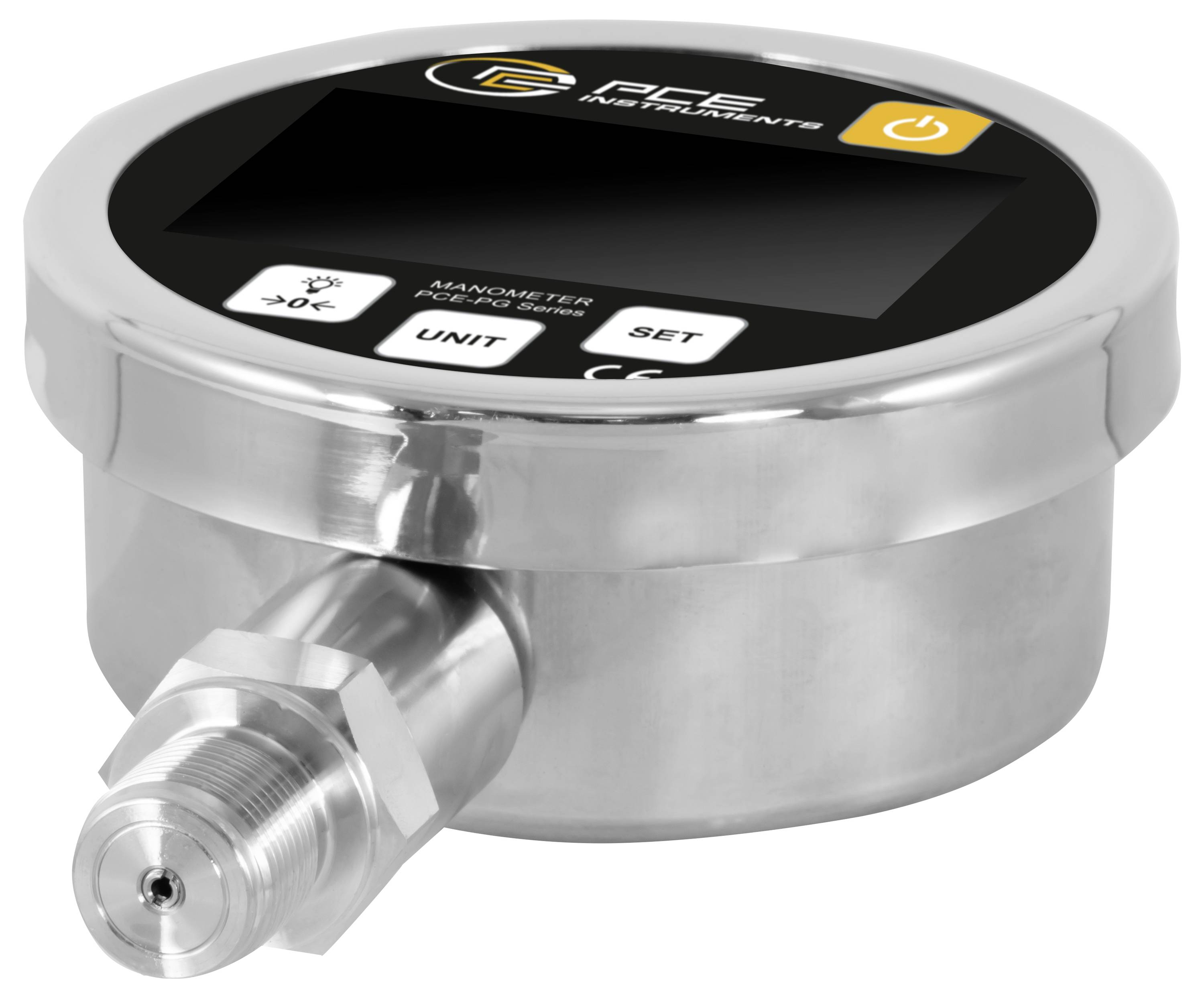 Edelstahl-Digitalmanometer mit LCD-Display, Netztaste und Gewinde-Druckauslass.