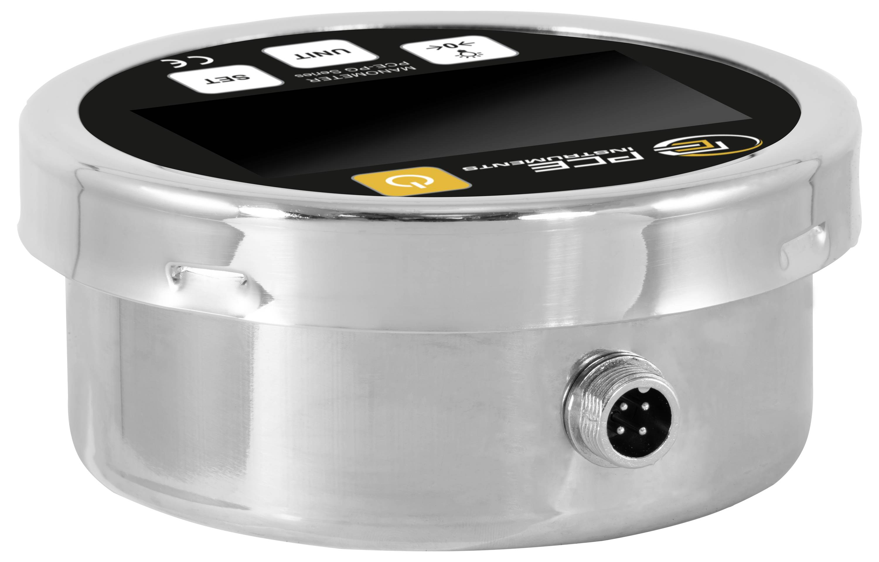 Silbernes zylindrisches elektronisches Sensormodul mit schwarzer Oberseite, beschriftet mit „Lascar