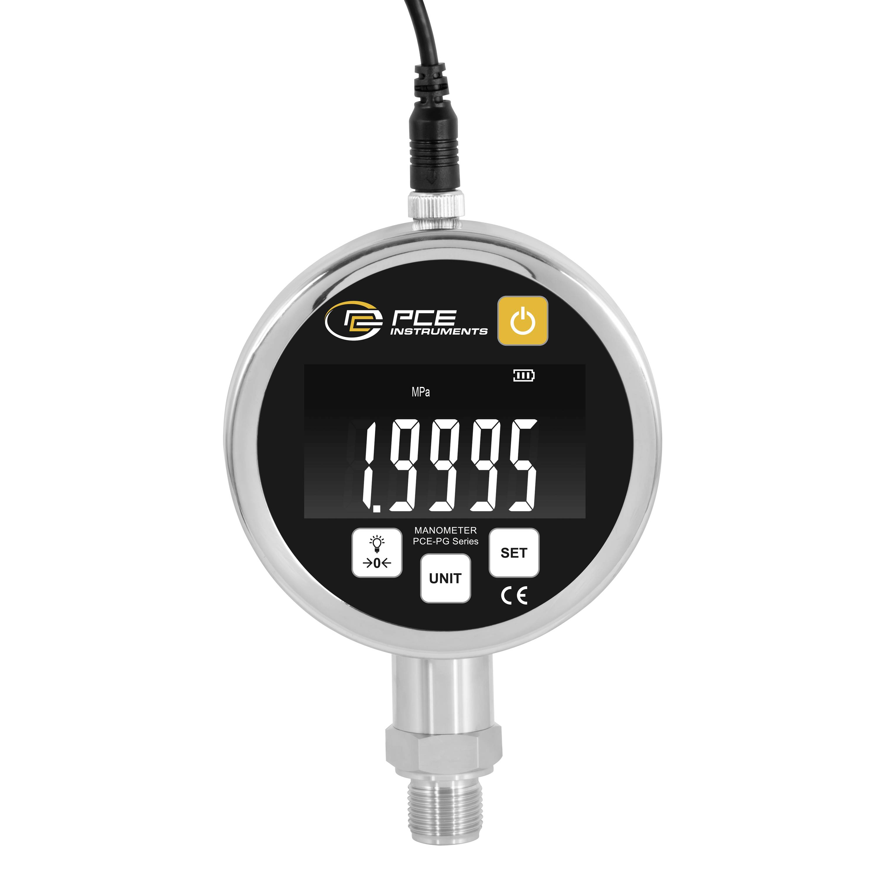 Digitales PCE-Manometer-Anzeigegerät zeigt 1.9995 MPa an, mit Power-, Unit- und Set-Tasten sowie eine Druckgewindefassung.