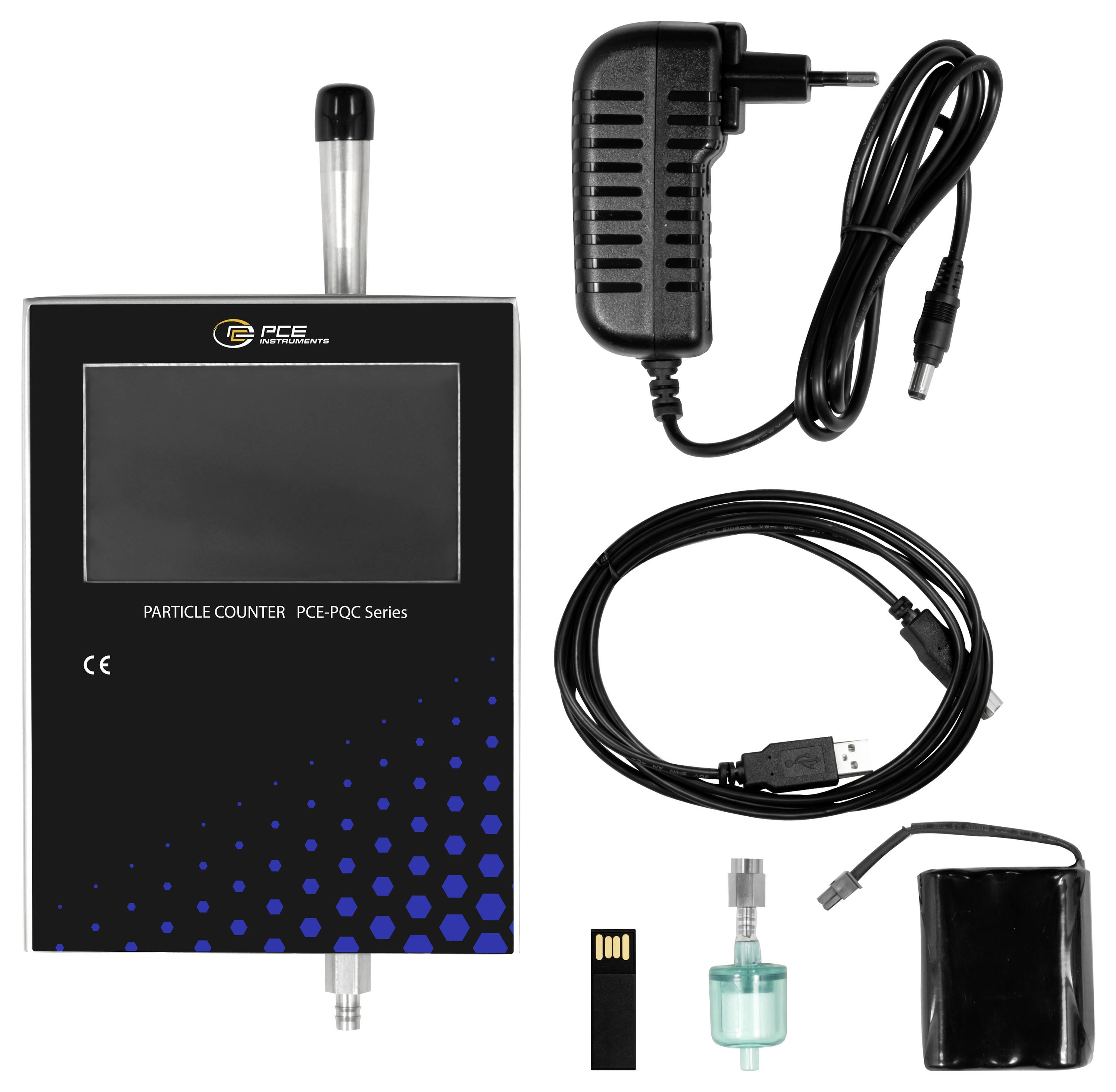 Partikelzählerset mit tragbarem Gerät, Stromadapter, USB-Kabel, Sensor, Batterie und Zubehör auf weißem Hintergrund dargestellt.