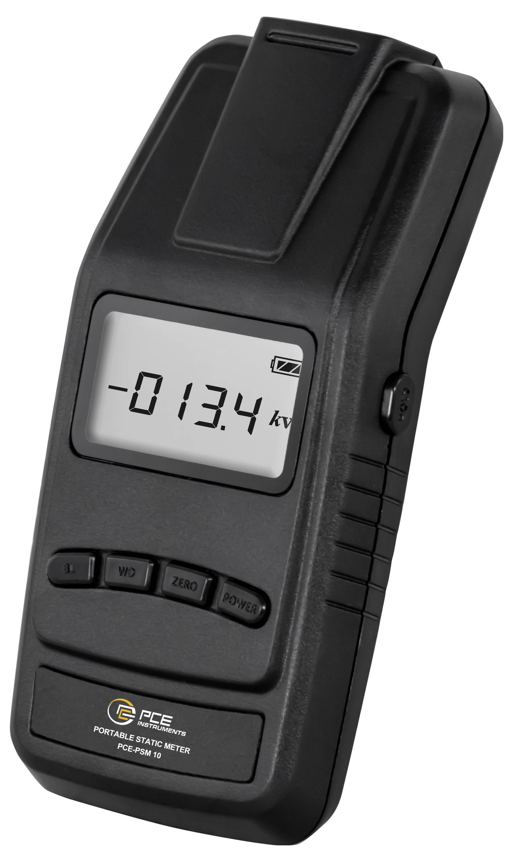 Tragbares PCE-Handmessgerät für statische Elektrizität mit digitaler Anzeige von -013,4 kV auf dem Display.