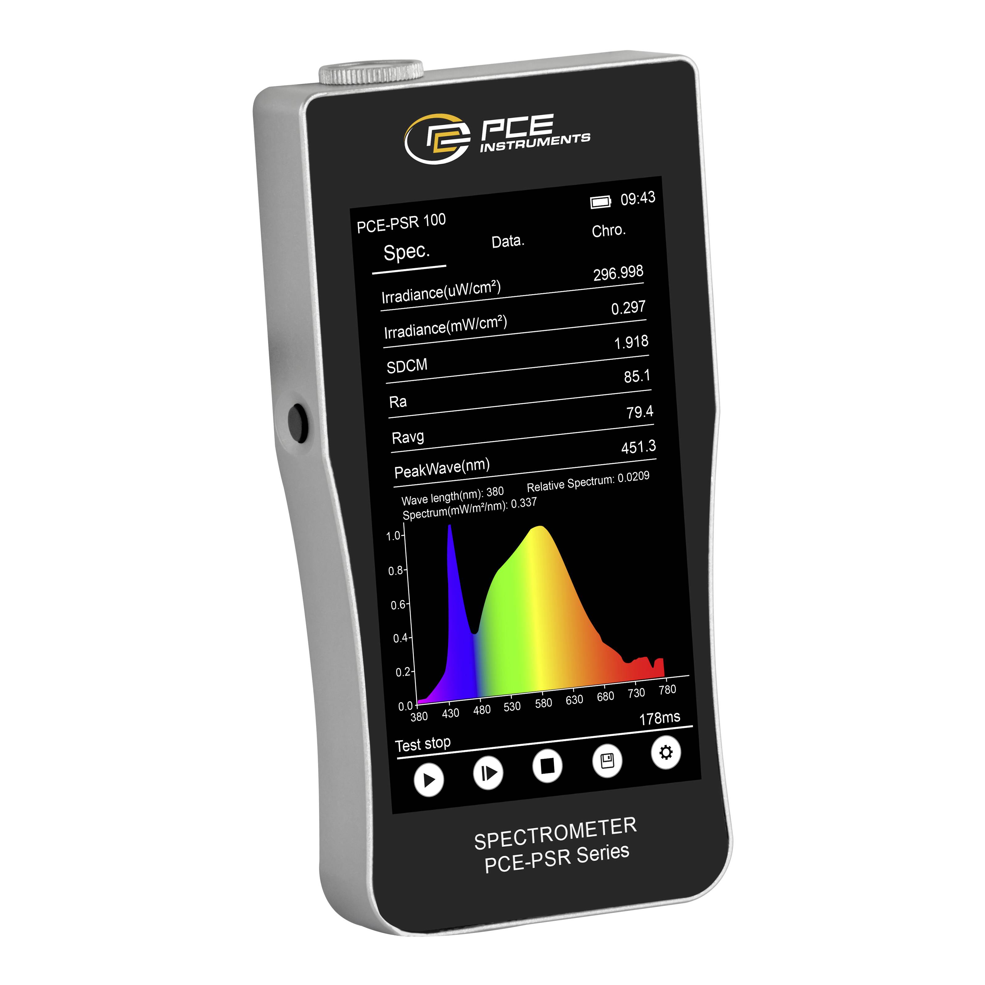 Tragbares PCE-Spektrometer zur Messung von Lichtwerten mit farbigem Spektralgraphen auf dem Display.