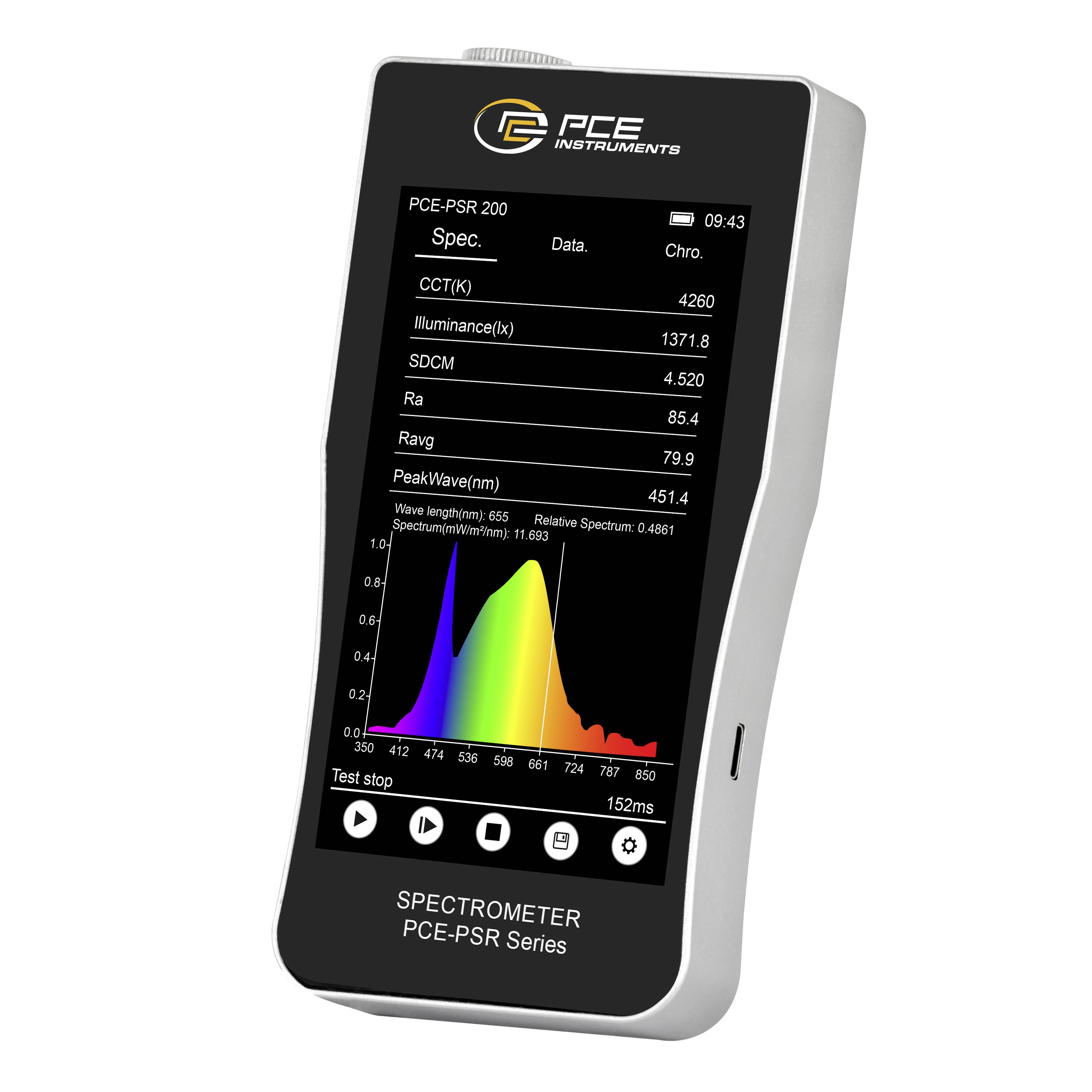 PCE Instruments tragbares Spektrometer zeigt ein Farbspektrumdiagramm und Messwerte für Lichtqualität an, einschließlich CCT-, Beleuchtungsstärke- und CRI-Werte.