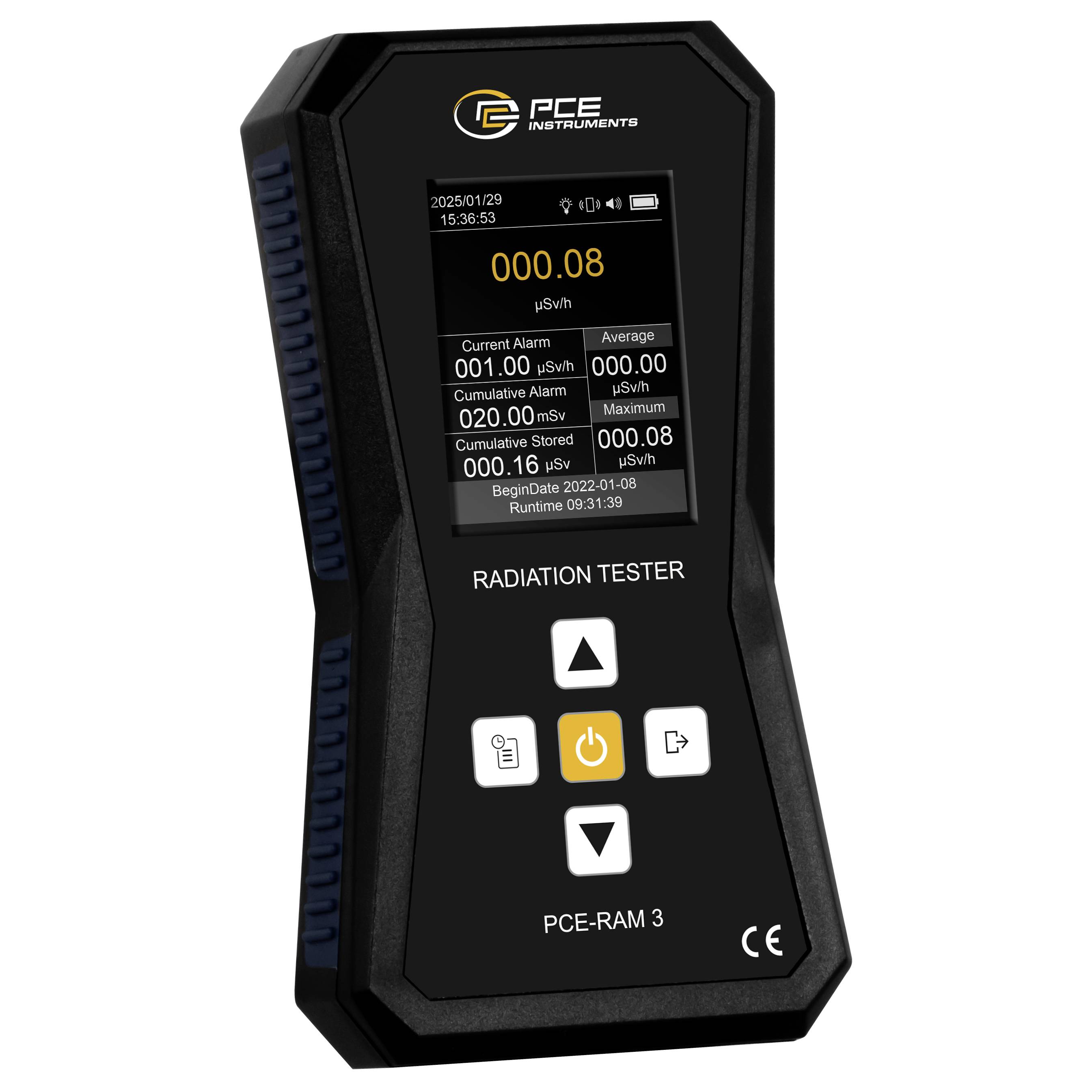 Tragbares PCE-Strahlenmessgerät mit Display, das eine aktuelle Dosisleistung von 0,08 µSv/h sowie Alarm-, Durchschnitts- und Summenwerte anzeigt.