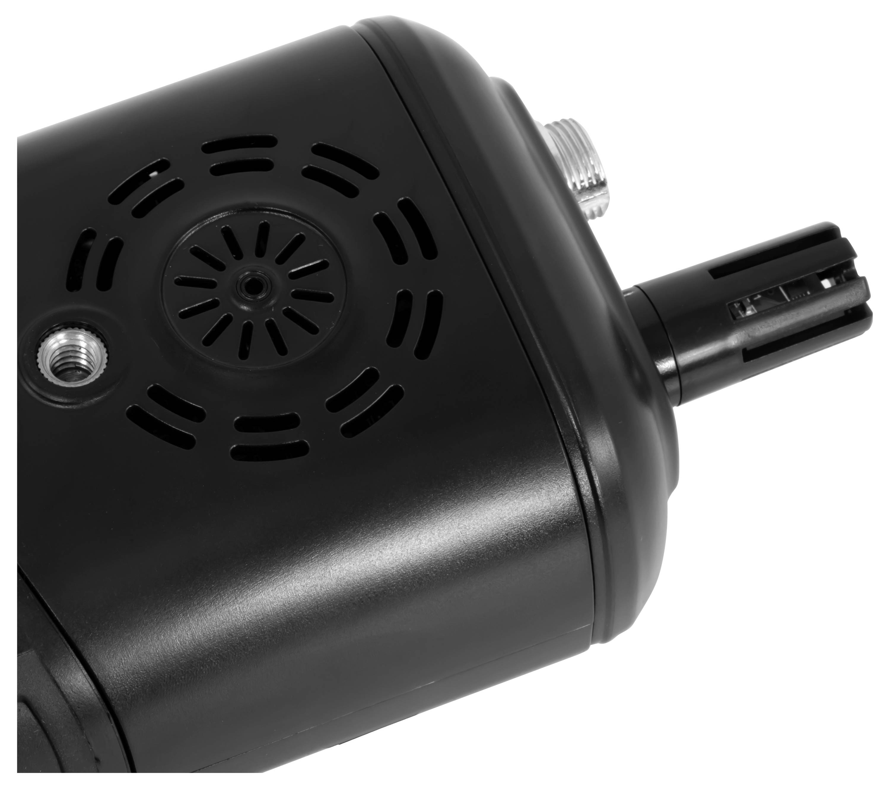 Nahaufnahme eines schwarzen zylindrischen elektronischen Geräts mit Belüftungsschlitzen, Gewinde-Seitenhäfen und einem vorstehenden Stecker auf weißem Hintergrund.