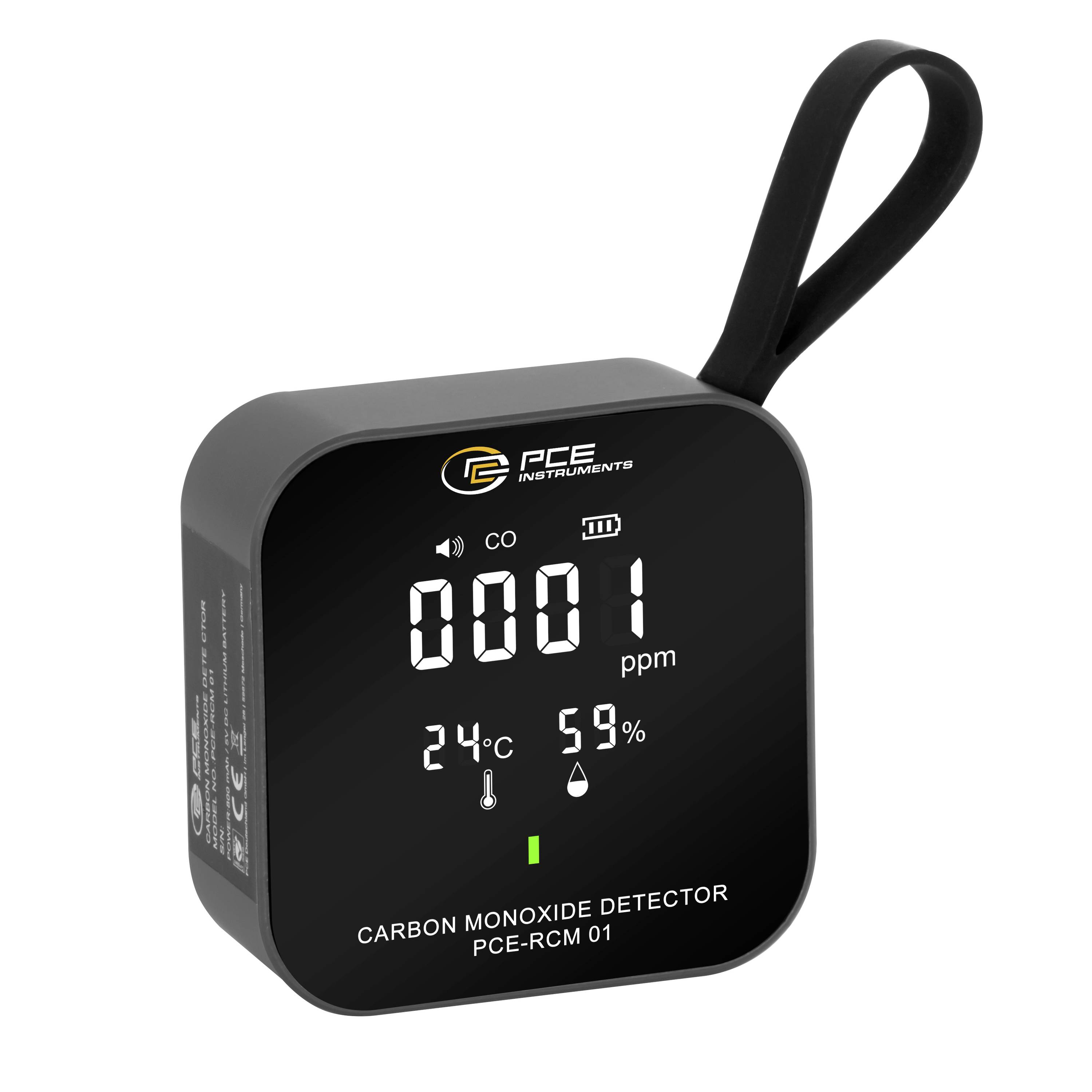 Tragbarer Kohlenmonoxiddetektor mit digitalem Display, das 1 ppm, 24°C und 59% Luftfeuchtigkeit anzeigt, mit einer Schlaufe zum Aufhängen.