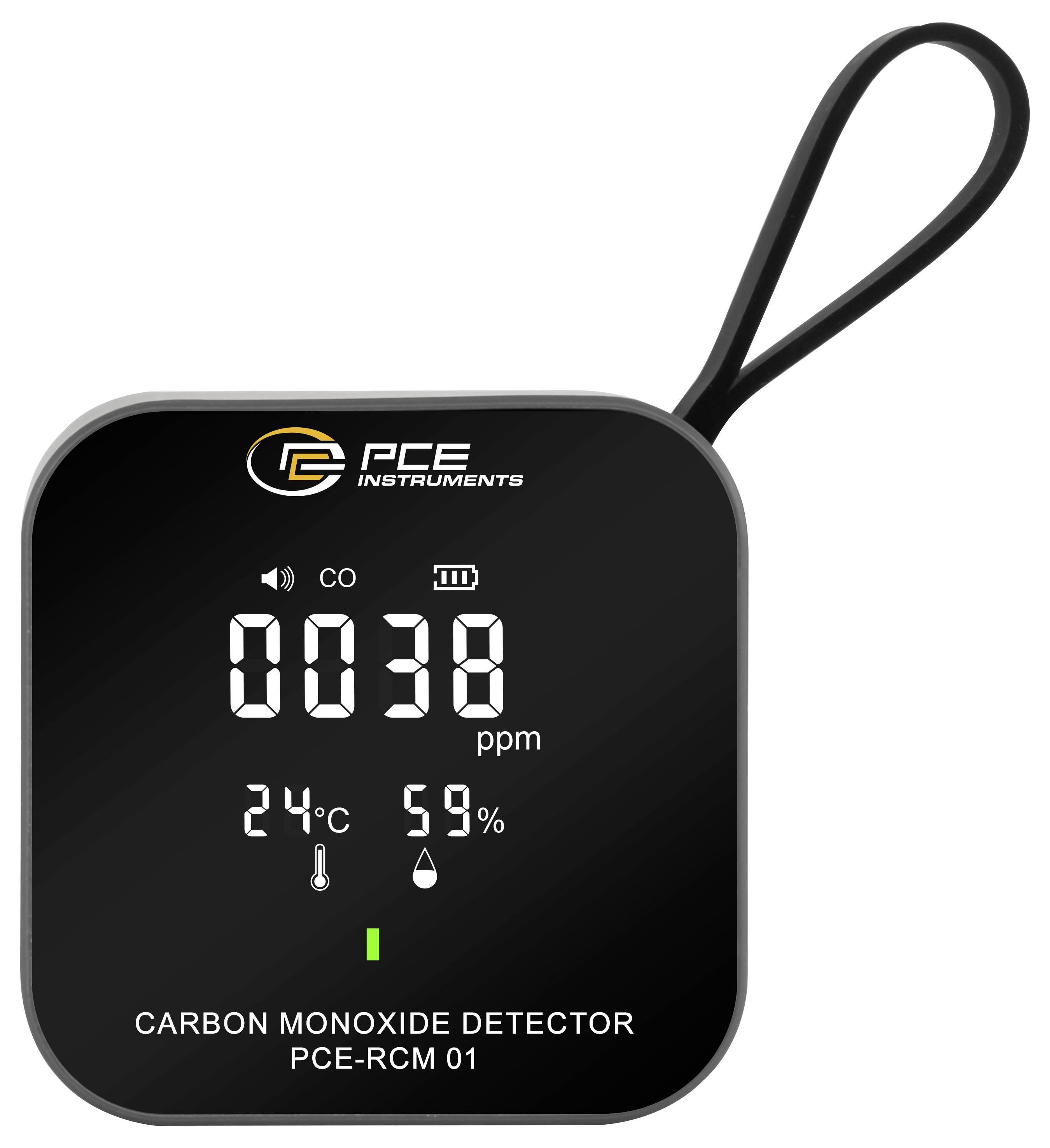 Tragbares PCE-Instruments Kohlenmonoxid-Messgerät zeigt 38 ppm, 24°C und 59% Luftfeuchtigkeit auf einem digitalen Display mit Handgelenkband.
