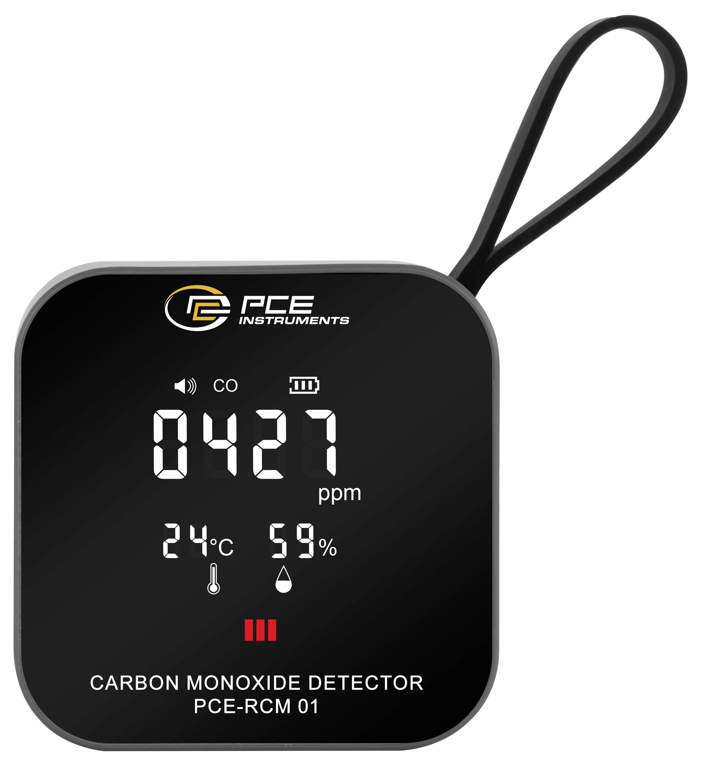 Tragbarer PCE-Kohlenmonoxid-Detektor mit digitaler Anzeige von 427 ppm, 24°C und 59% Luftfeuchtigkeit, mit Handgelenkband.