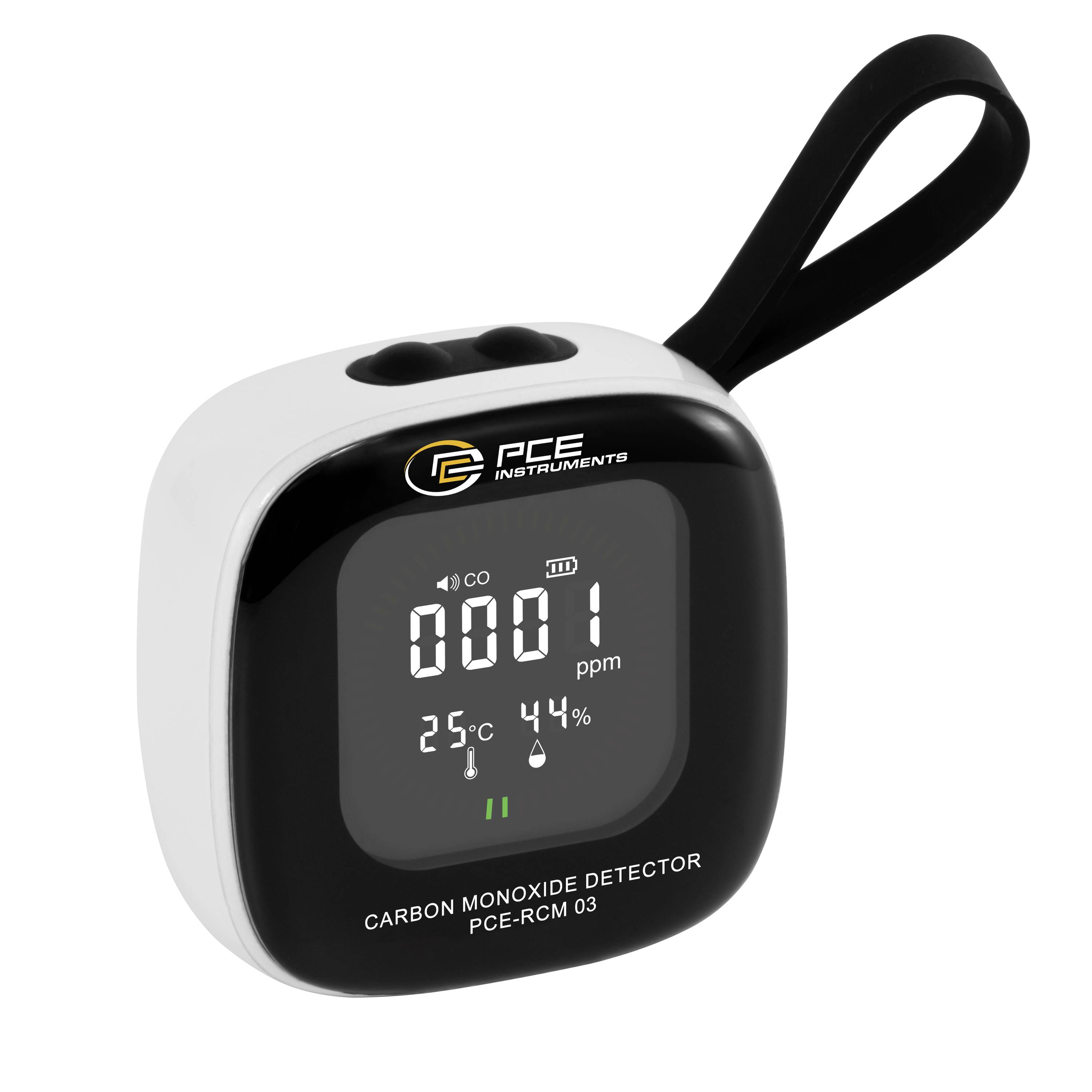 Tragbares PCE-Gerät Kohlenmonoxiddetektor mit Handgelenkschlaufe, zeigt digitale CO-Ablesung von 1 ppm, 25°C und 44% Luftfeuchtigkeit.