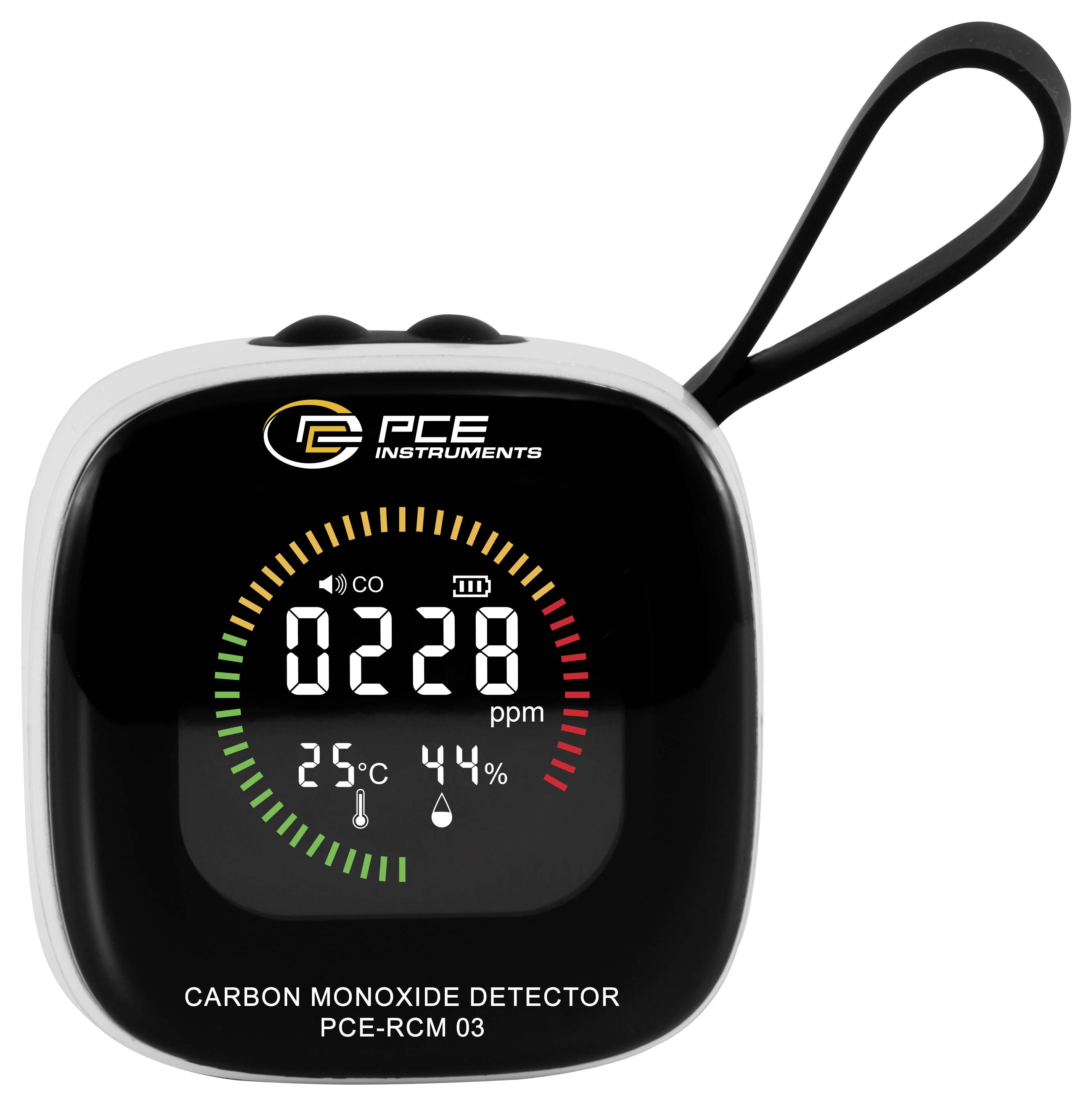 Tragbarer PCE-Kohlenmonoxiddetektor zeigt eine CO-Messung von 228 ppm, mit einer Temperatur von 25°C und einer Luftfeuchtigkeit von 44%.