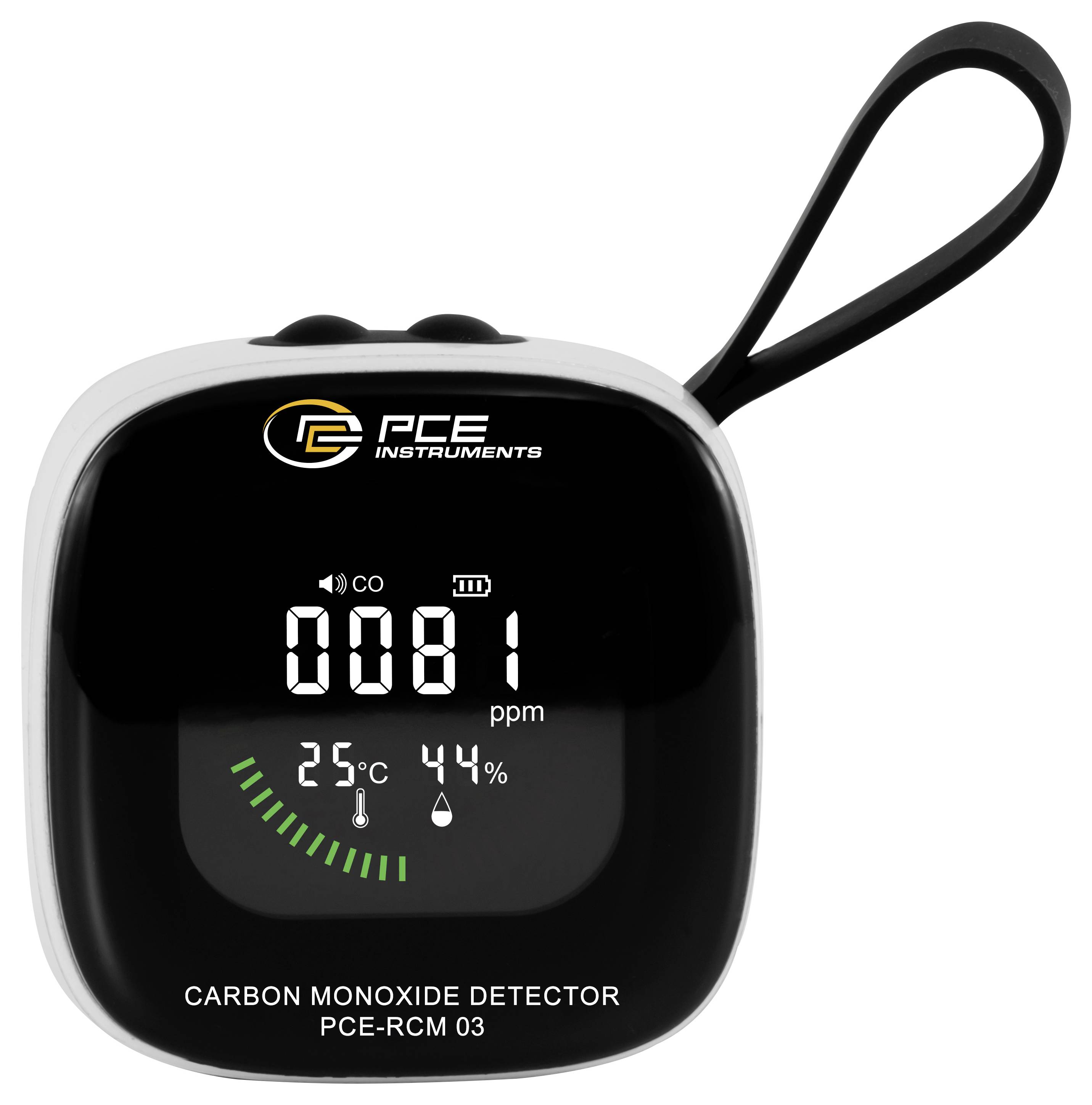 PCE-Kohlenmonoxid-Detektor zeigt 081 ppm CO, 25°C und 44% Luftfeuchtigkeit an, mit einem Handgelenkband.