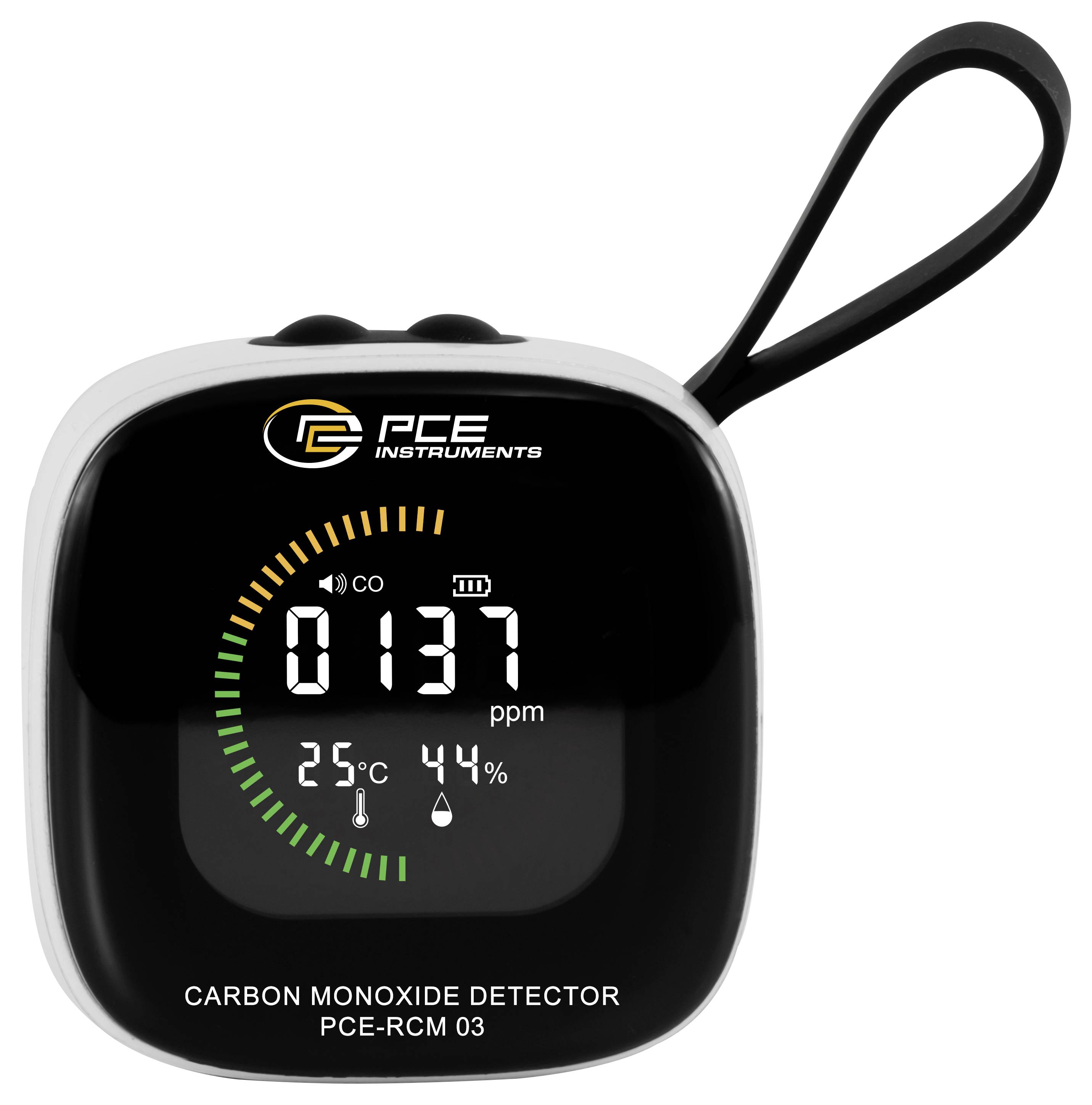 Tragbarer Kohlenmonoxiddetektor zeigt 137 ppm, 25°C und 44% Luftfeuchte an, mit Handgelenkschlaufe und PCE Instruments Branding.