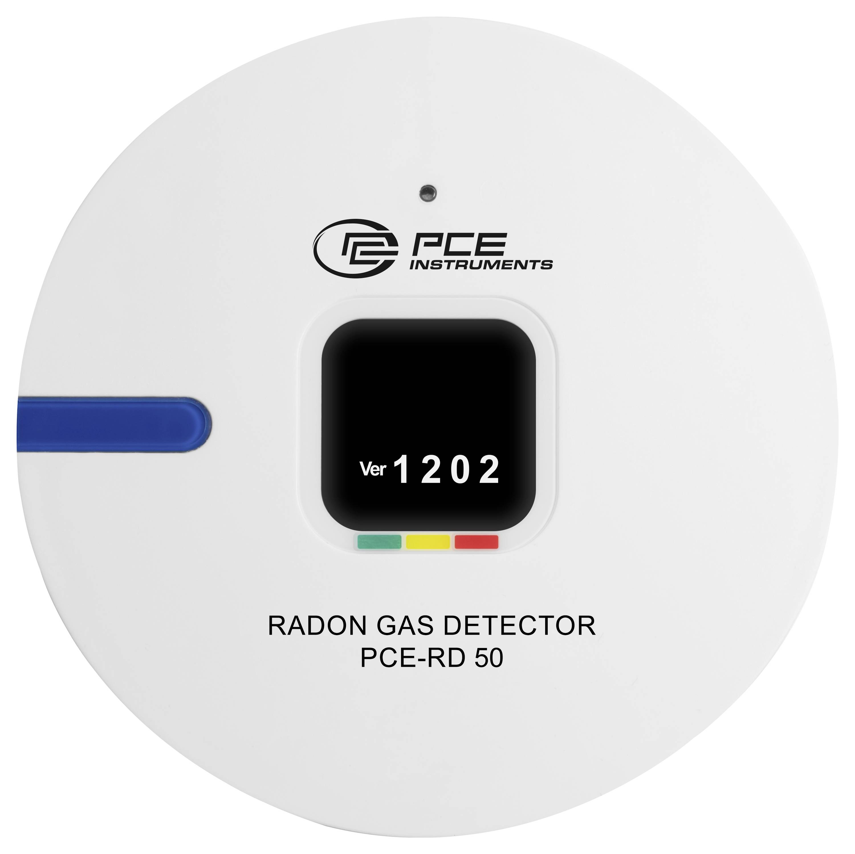 Vorderansicht eines Radon-Gasmessgeräts der Marke PCE Instruments, Modell PCE-RD 50, mit einem kleinen Display, das 