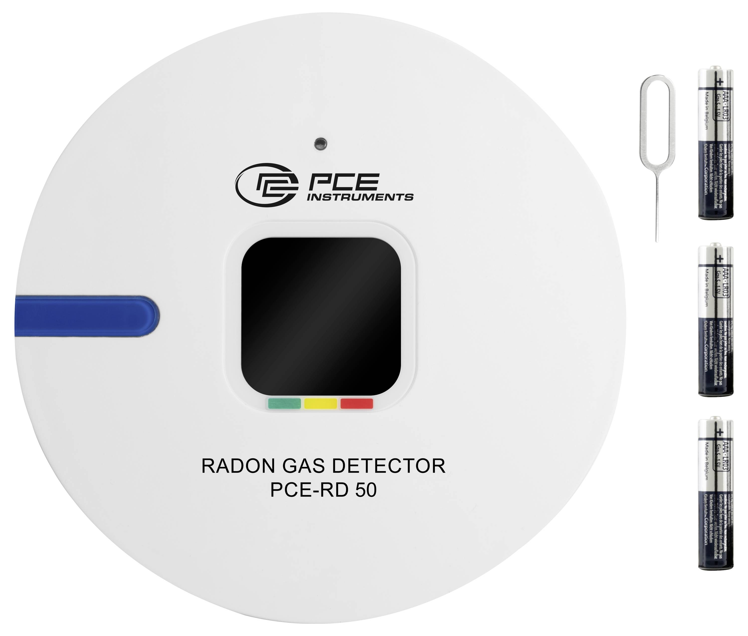 PCE Instruments Radongas-Detektor, Modell PCE-RD 50, gezeigt mit Batterien und einem Schlüsselwerkzeug.