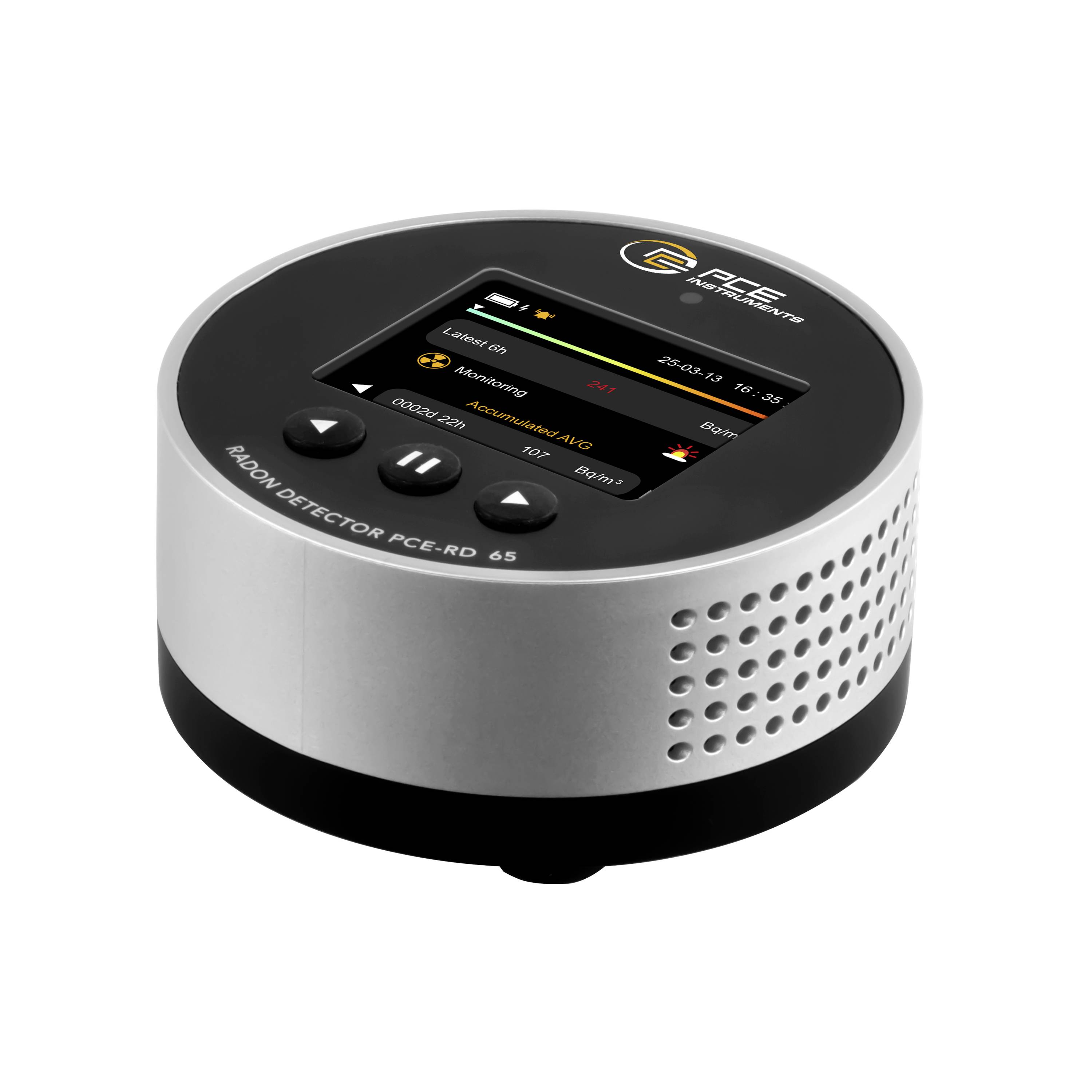 A compact round radon detector with a digital display, control buttons, and perforated side vents on a white background.