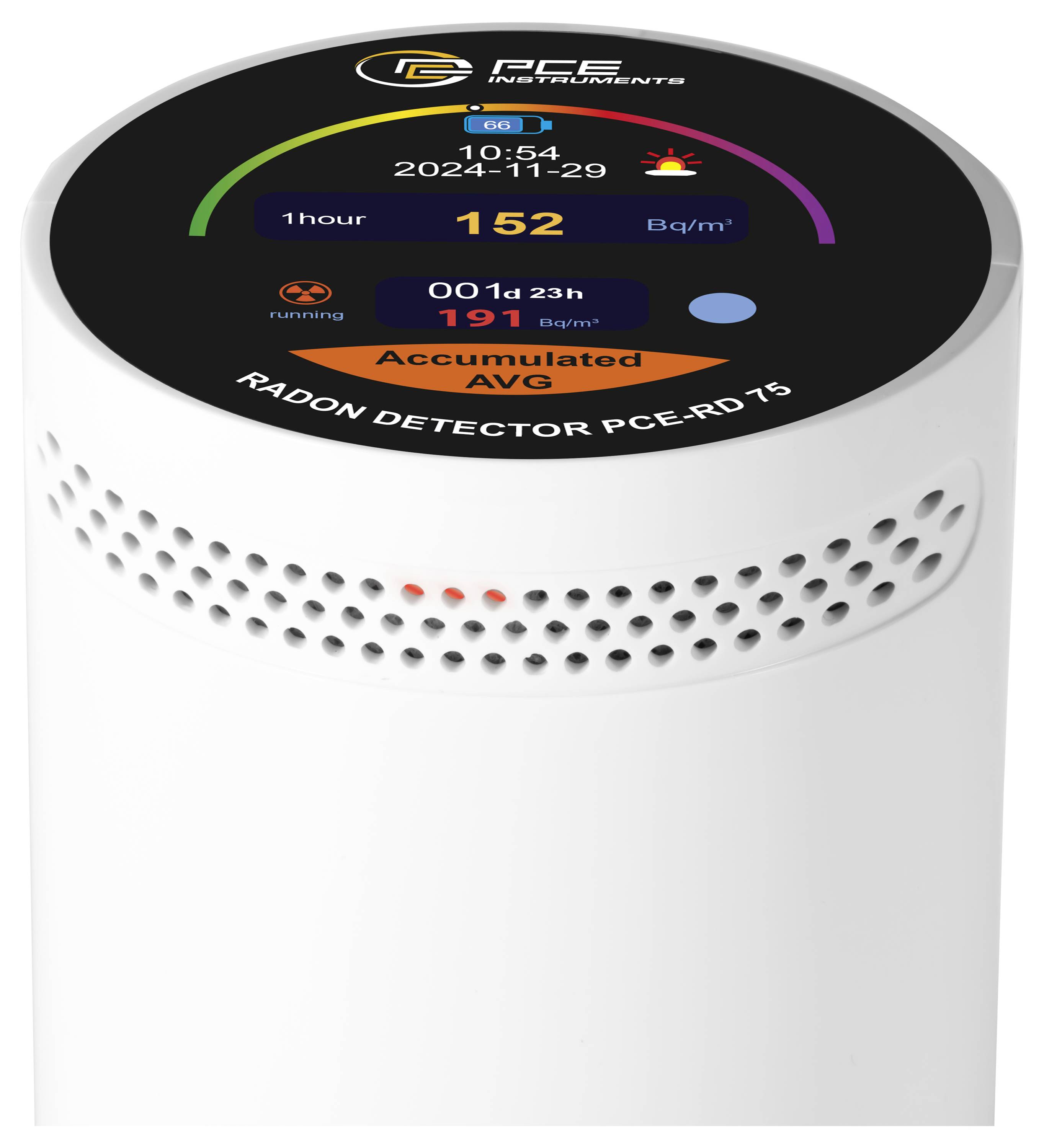 Weißes PCE Instruments Radonmessgerät mit digitalem Display, das ein 1-Stunden-Radonlevel von 152 Bq/m³, einen Spitzenwert von 191 Bq/m³ und den Status „Accumulated AVG
