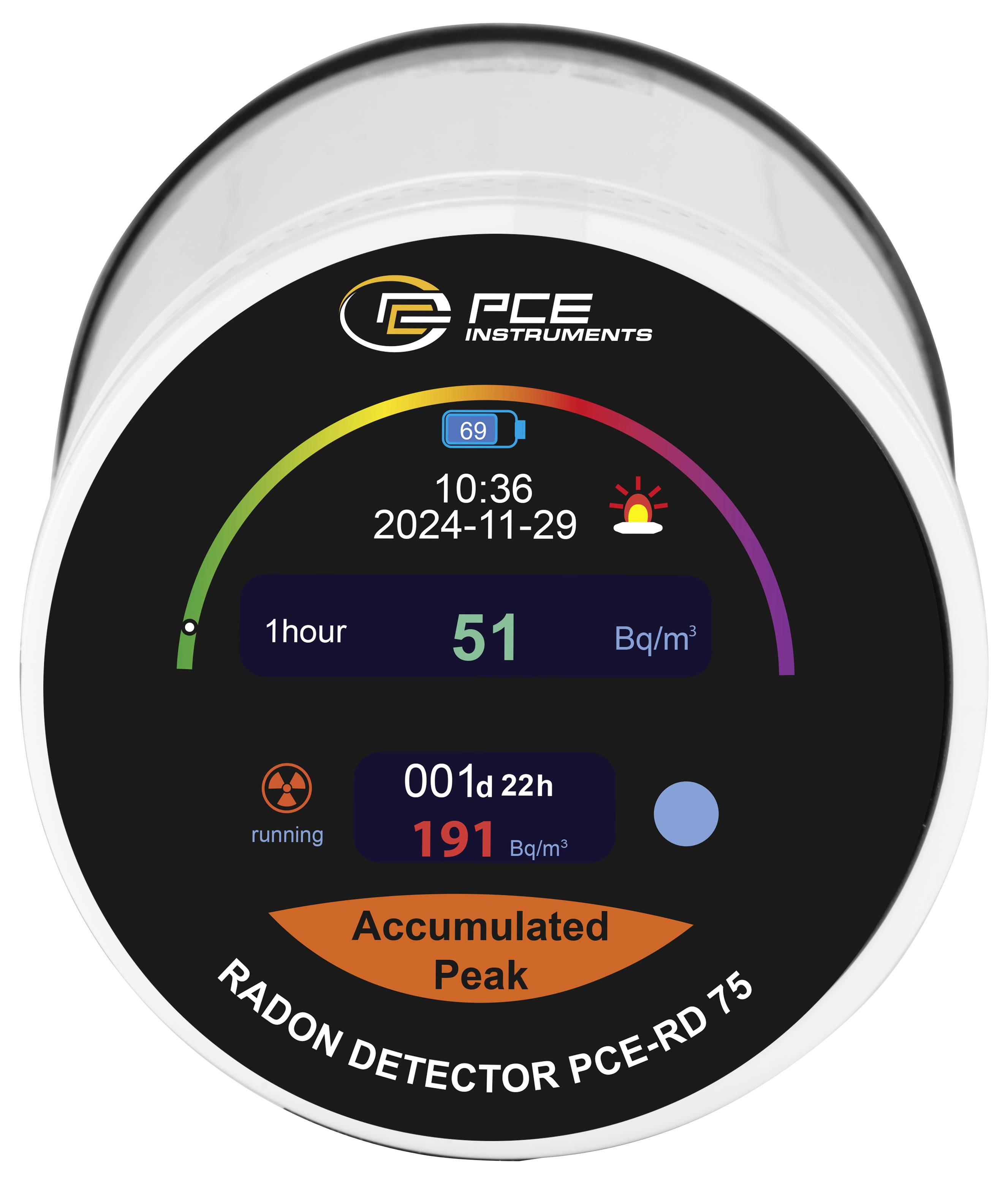 PCE Instruments Radonmessgerät-Display zeigt aktuellen Radonwert 51 Bq/m³, 1-Stunden-Durchschnitt, akkumulierter Spitzenwert 191 Bq/m³, mit Datum und Uhrzeit.