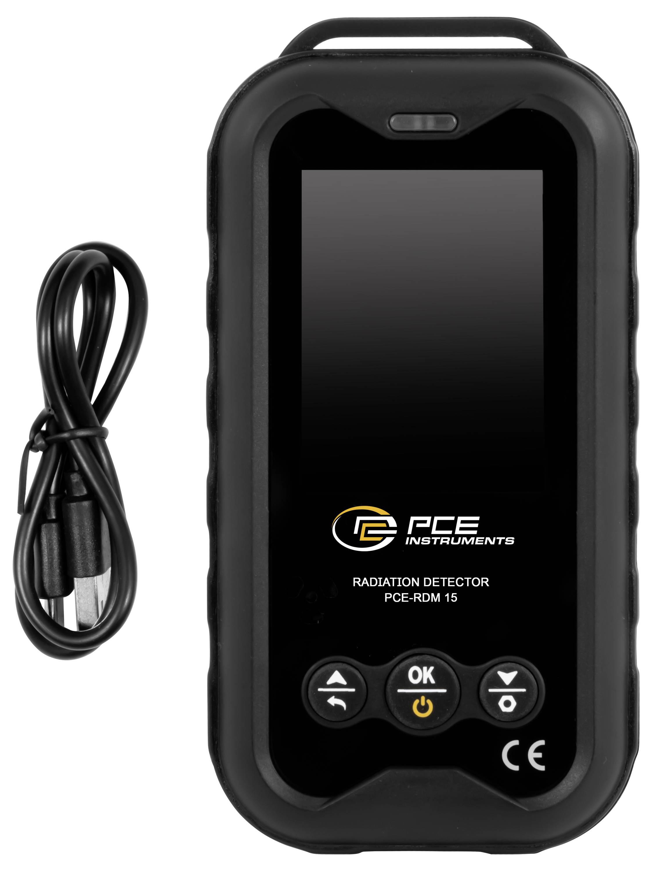 Tragbares Strahlenmessgerät PCE Instruments mit angeschlossenem USB-Kabel und frontseitiger Anzeige, beschriftet mit „Radiation Detector PCE-RDM 15