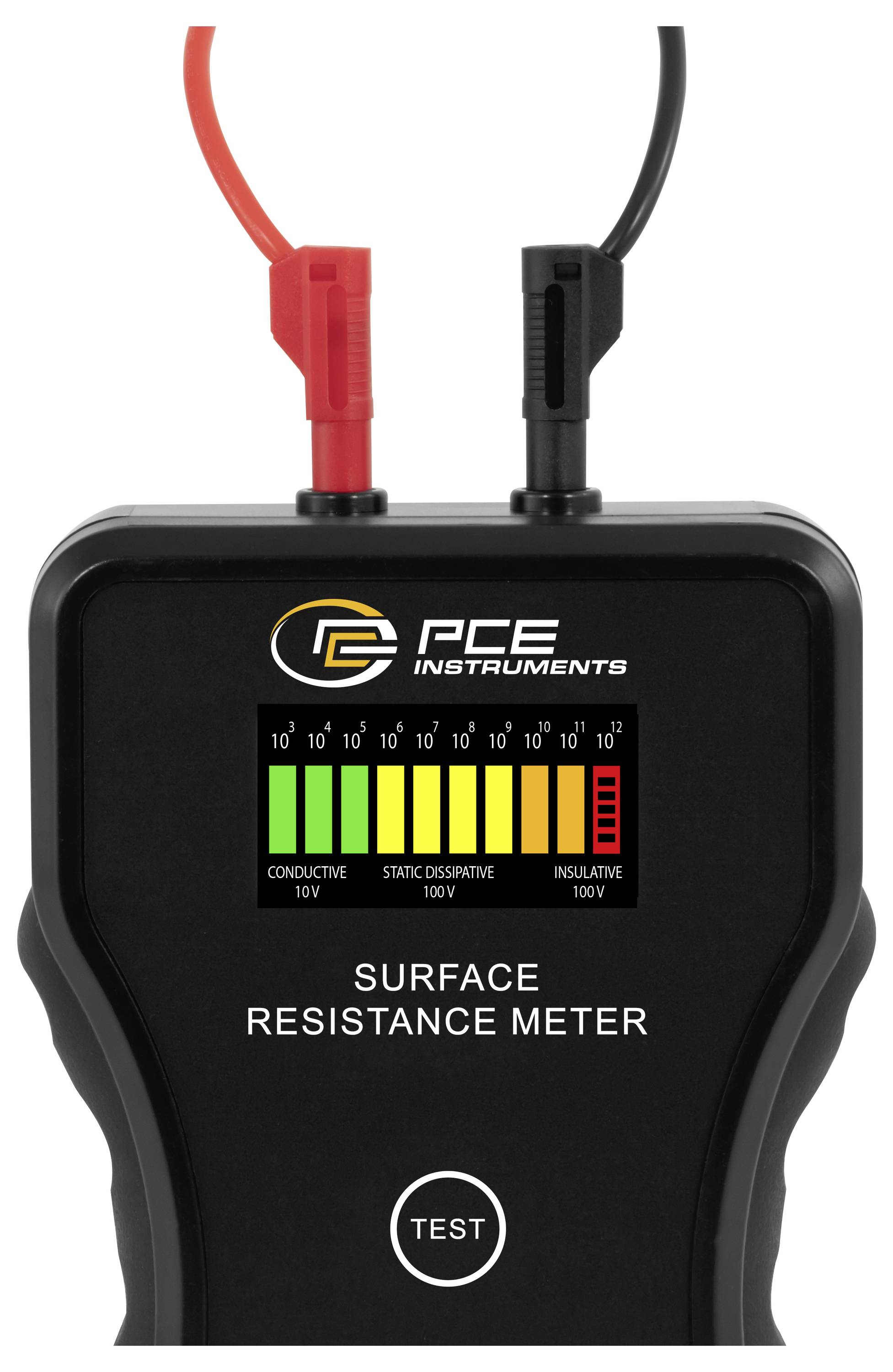 Tragbares PCE-Messinstrument zur Oberflächenwiderstandsmessung mit roten und schwarzen Prüfspitzen und farbcodiertem Anzeigedisplay für Leitfähigkeit/elektrostatische Ableitung/Isolationseigenschaften.
