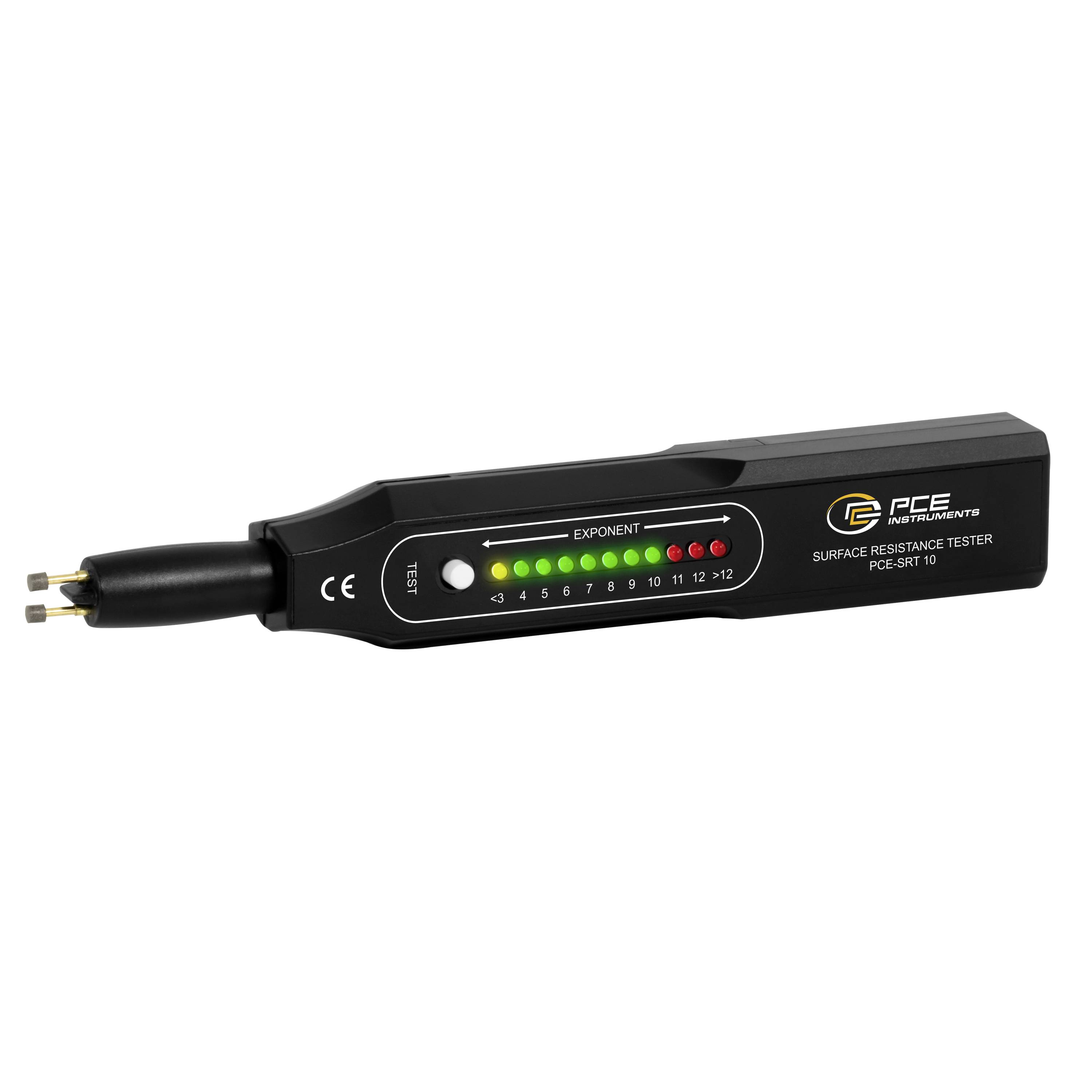 Tragbares PCE-Messinstrument zur Oberflächenwiderstandsprüfung mit Prüfspitzen und LED-Statusskala auf weißem Hintergrund.