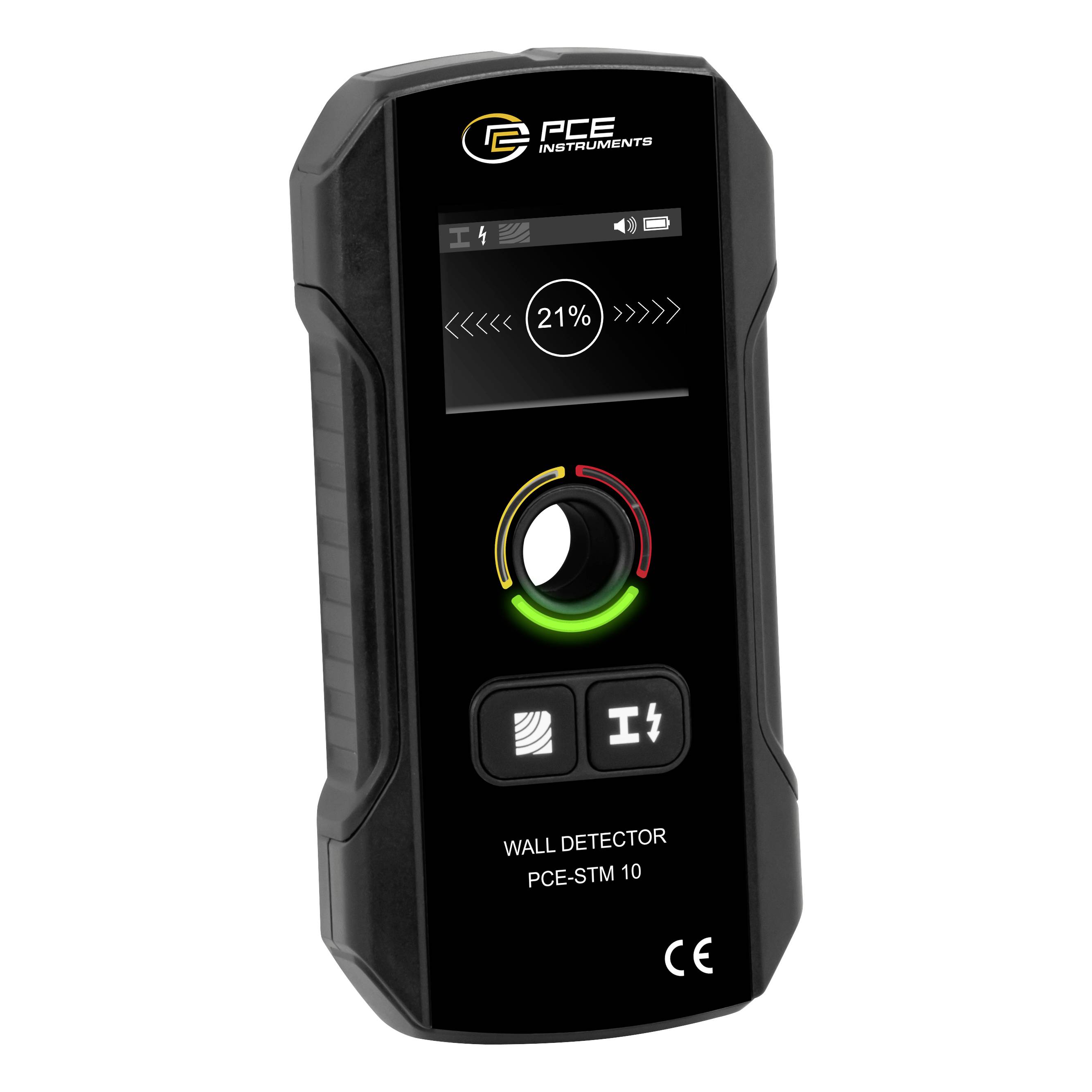 Schwarz PCE Instruments Wanddetektor mit Display, das 21% anzeigt, kreisförmiger Anzeigeleuchte und zwei Bedienungstasten.