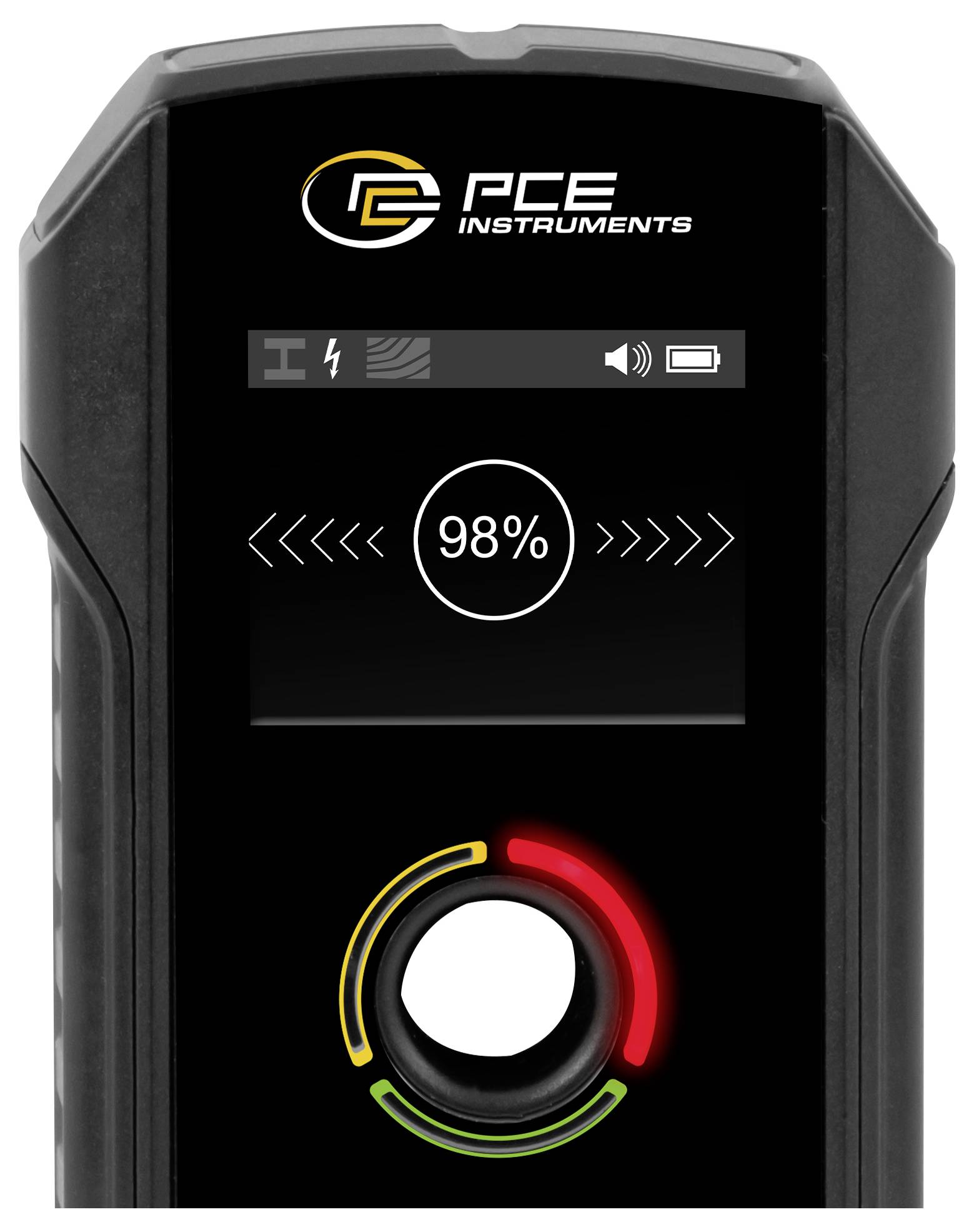 PCE Instruments tragbares Gerät-Display mit 98% Ladung, mit Batterie- und Lautsprecher-Symbolen und einem zentralen Steuerrad, das durch farbige Ringe beleuchtet ist.