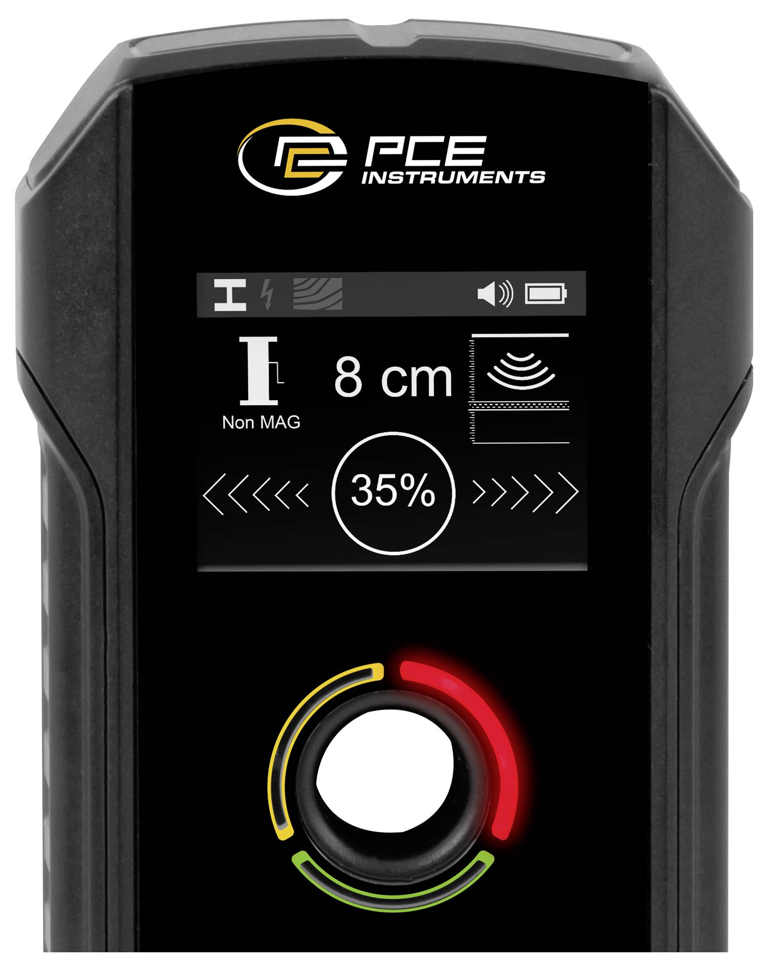 PCE Instruments tragbares Messgerät mit einer Magnetfeldablesung von 8 cm, mit 35% angezeigt und einer zentralen Regelskala mit farbigen Bögen.
