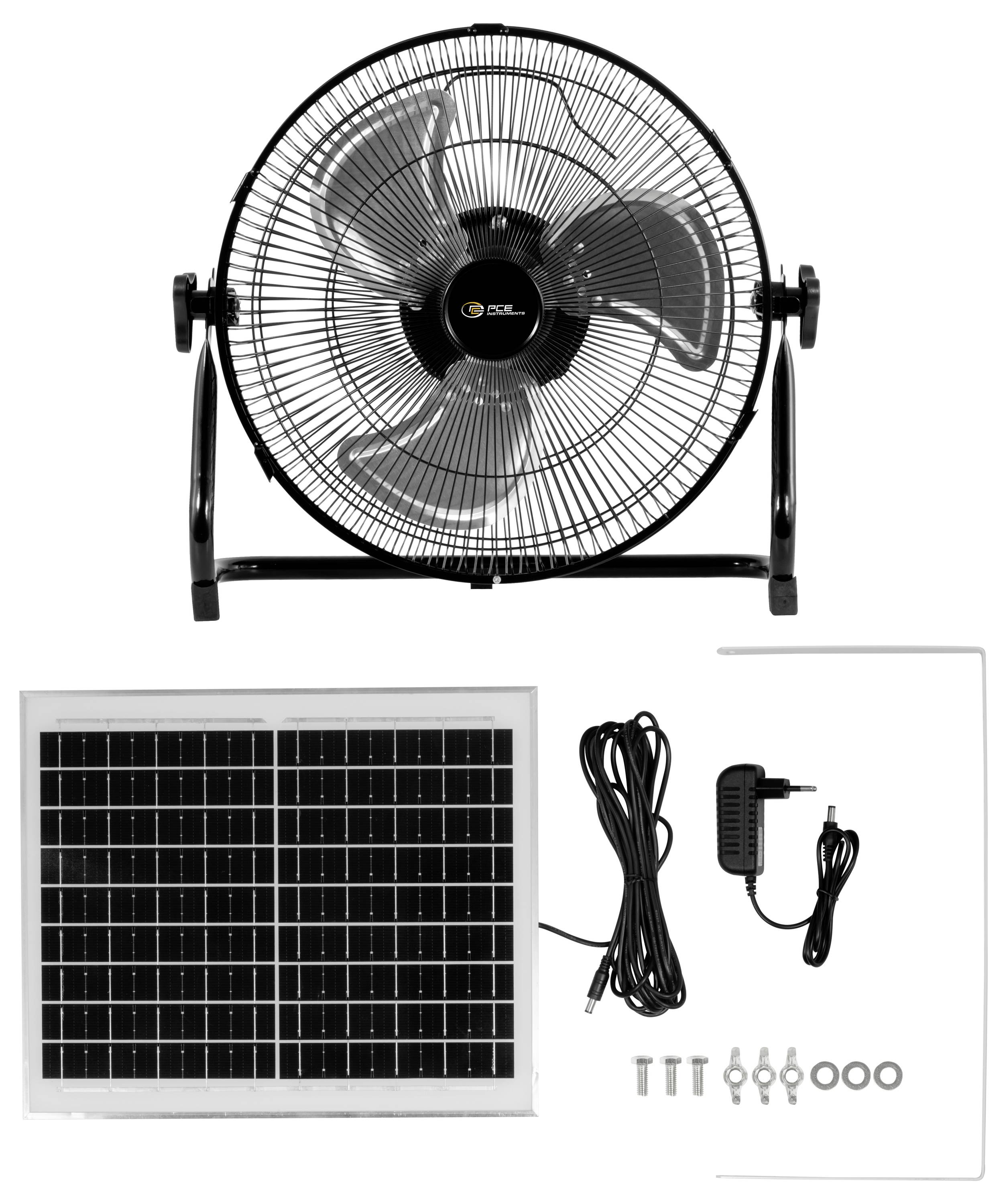 Ein schwarzer Standventilator mit Solarpanel, Stromadapter, Kabel und Montagezubehör, dargestellt als Solar-Ventilator-Set.