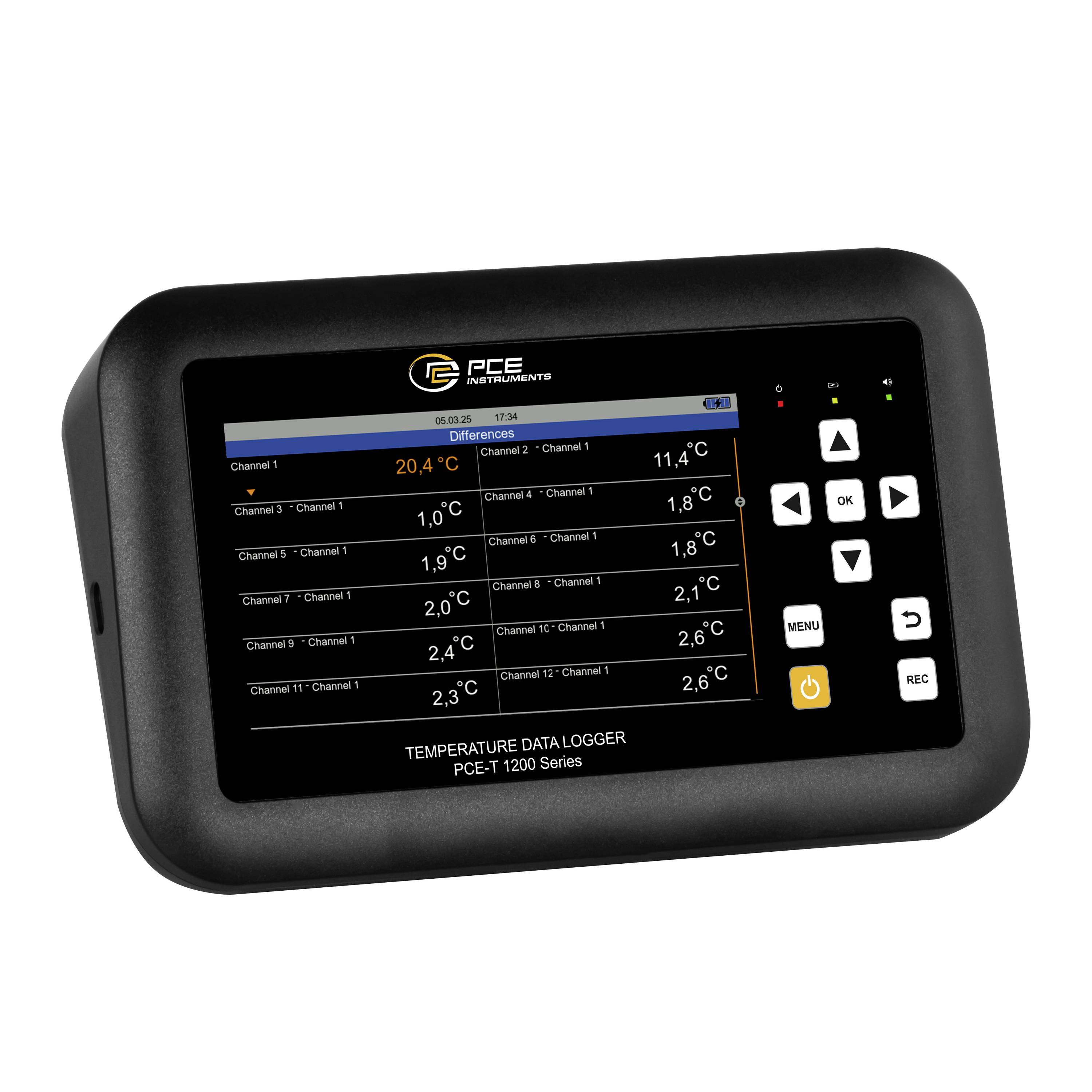 Tragbares PCE-Messinstrument Datenlogger für Temperatur mit einer Liste von Kanal-zu-Kanal-Unterschieden in Grad Celsius, mit Navigationstasten und Aufnahme-/Stromversorgungsschaltern.