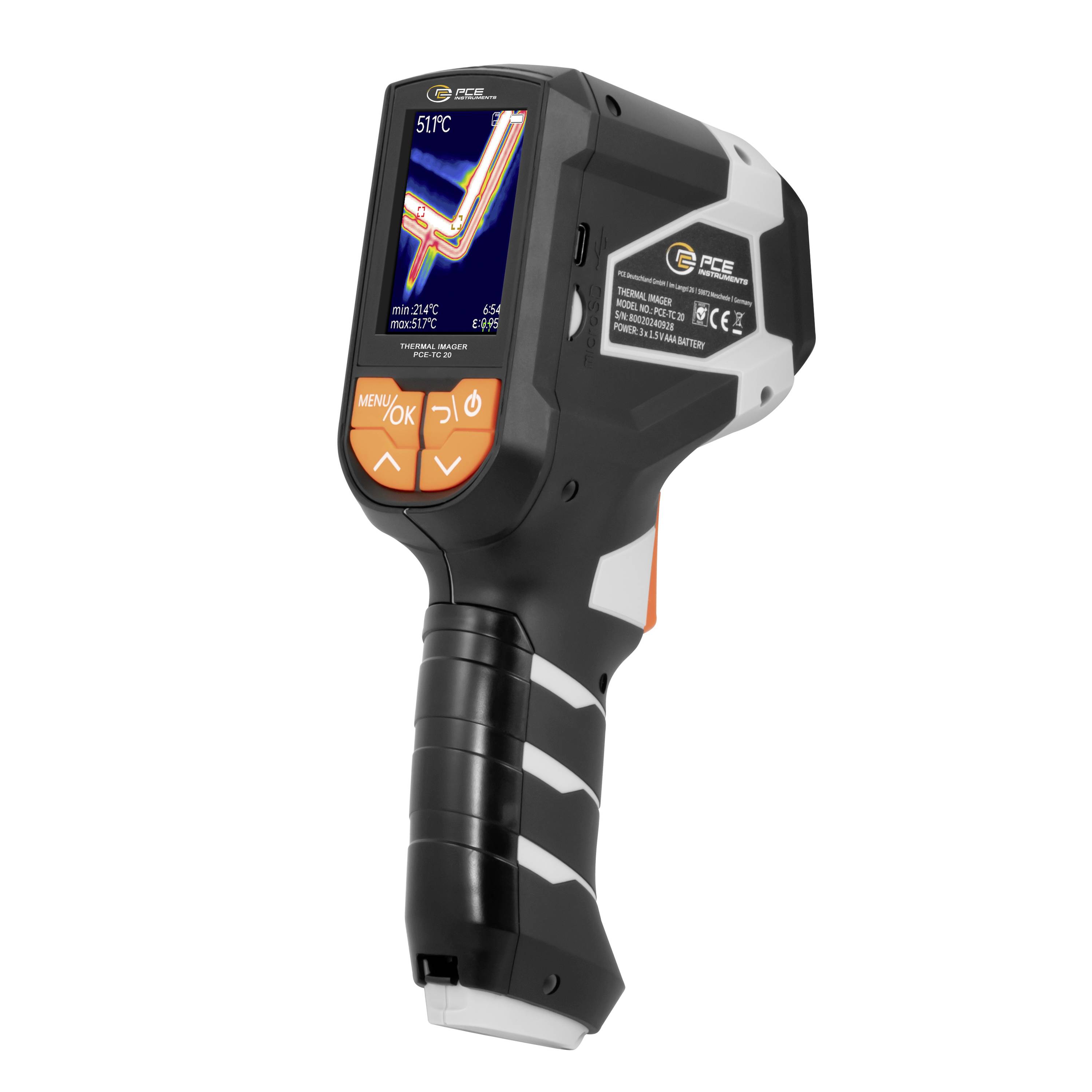 Tragbare Wärmebildkamera mit Display, das eine Wärmekarte anzeigt, und orangefarbenen Steuertasten an einem schwarzen Pistolengriff.