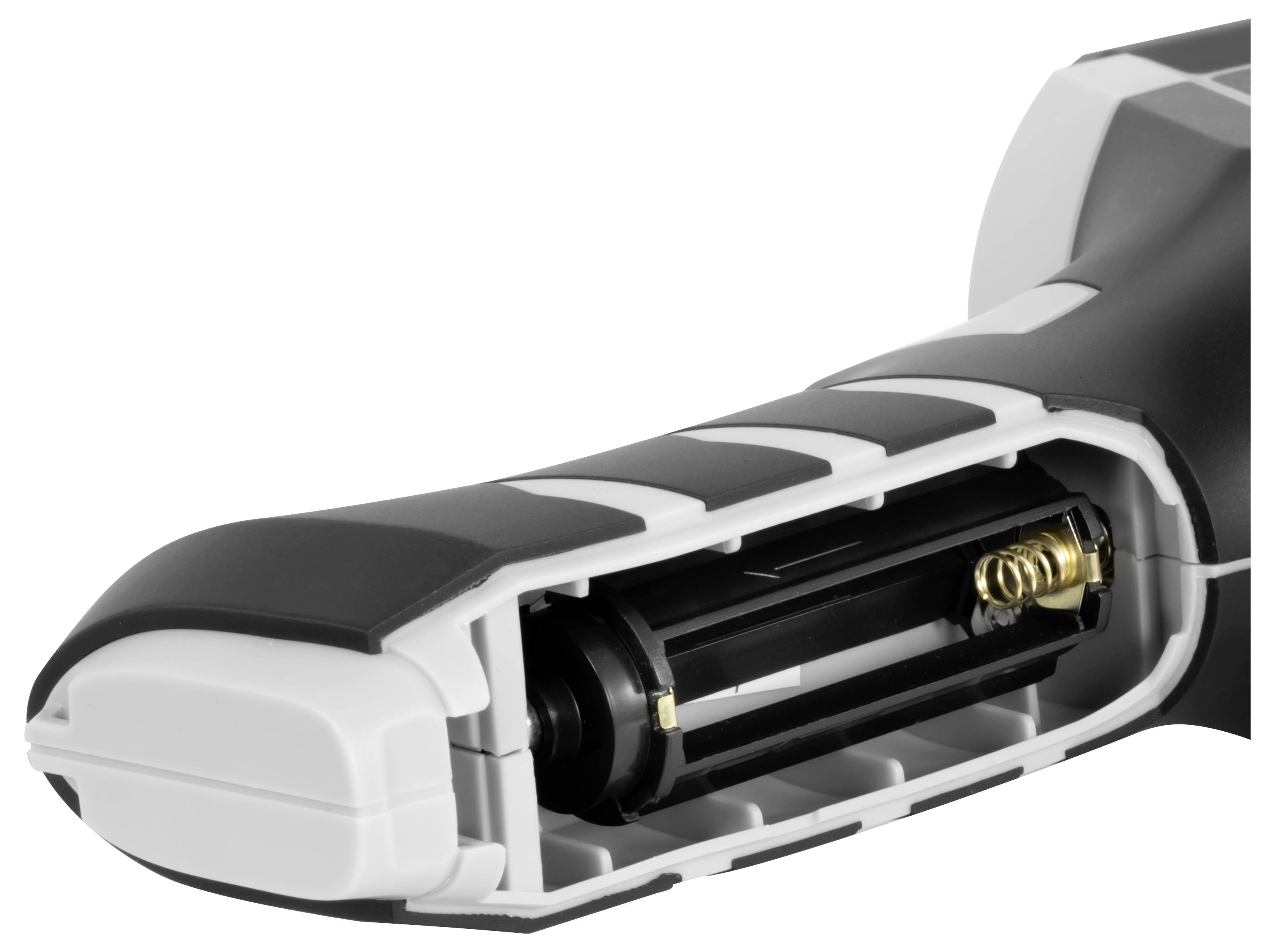 Nahaufnahme eines Elektrorasierers mit entfernter Frontkappe, die das Batteriefach im Griff freiliegt.