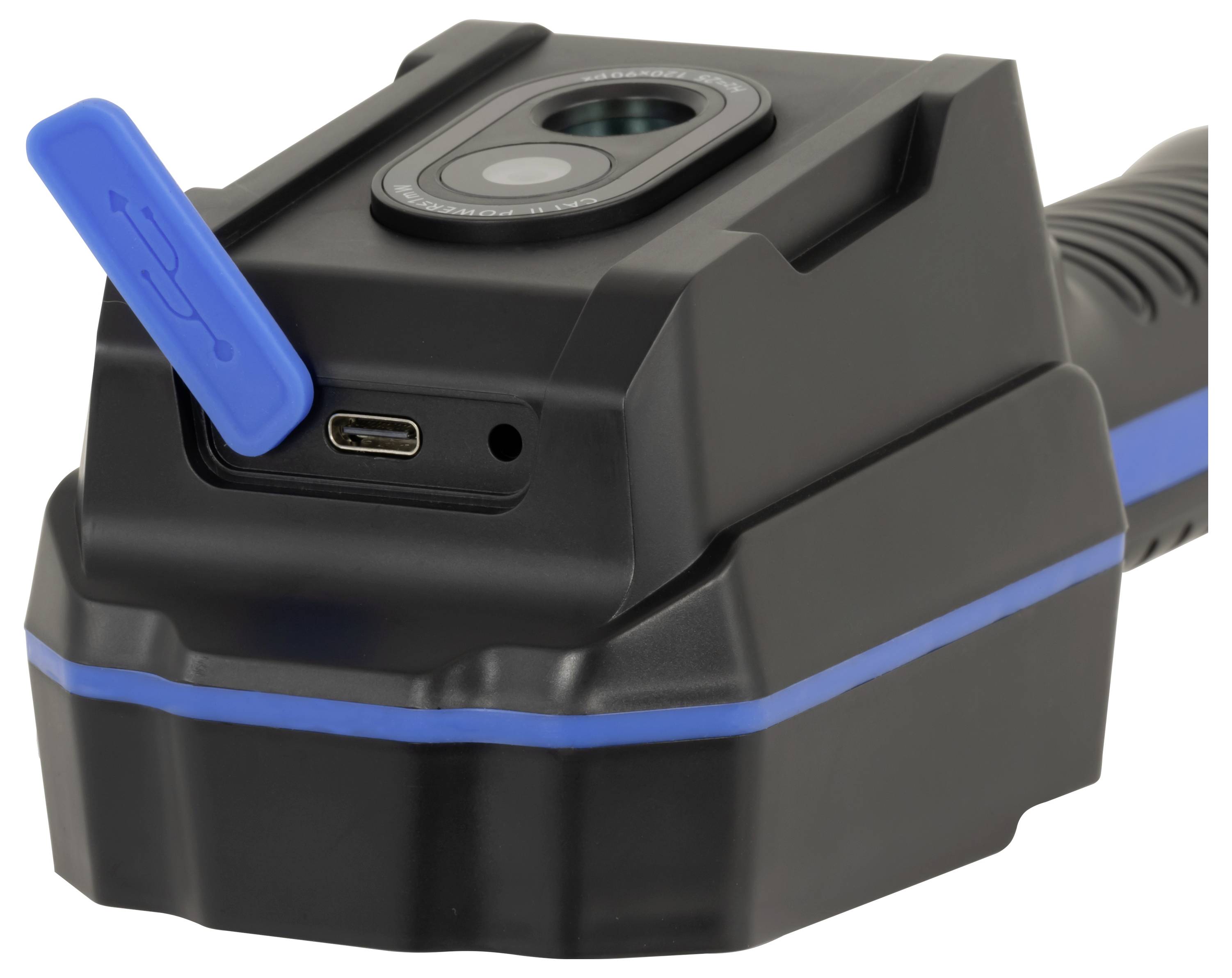 Nahaufnahme eines schwarzen tragbaren Geräts mit Kameraobjektiv, blauer Verriegelung, USB-C-Anschluss und Griff, wahrscheinlich ein tragbares Inspektions- oder Abbildungswerkzeug.