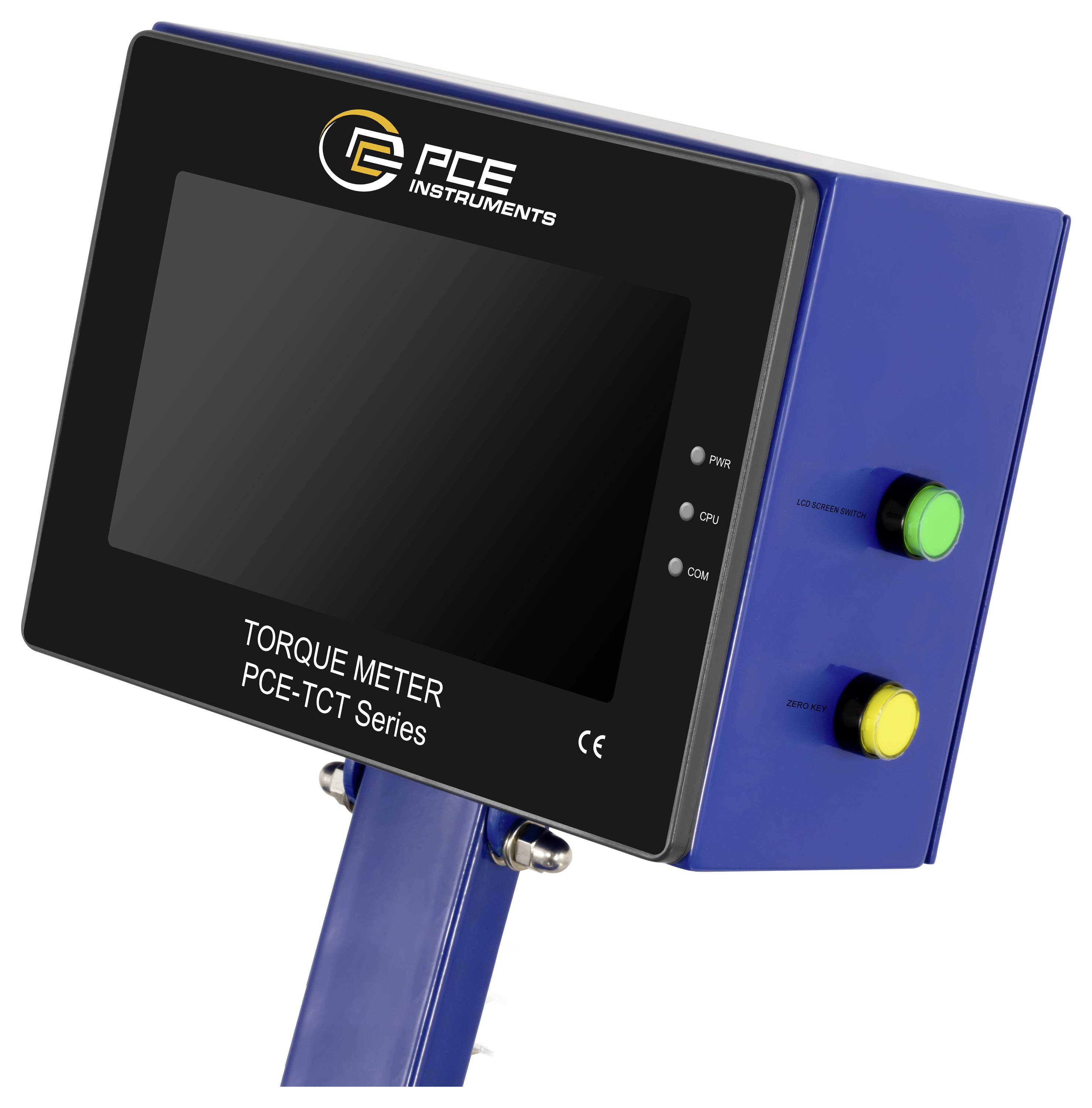 PCE Instruments Drehmomentmessgerät-Anzeigeeinheit auf einem blauen Ständer, mit grünen und gelben Steuertasten an der Seite.