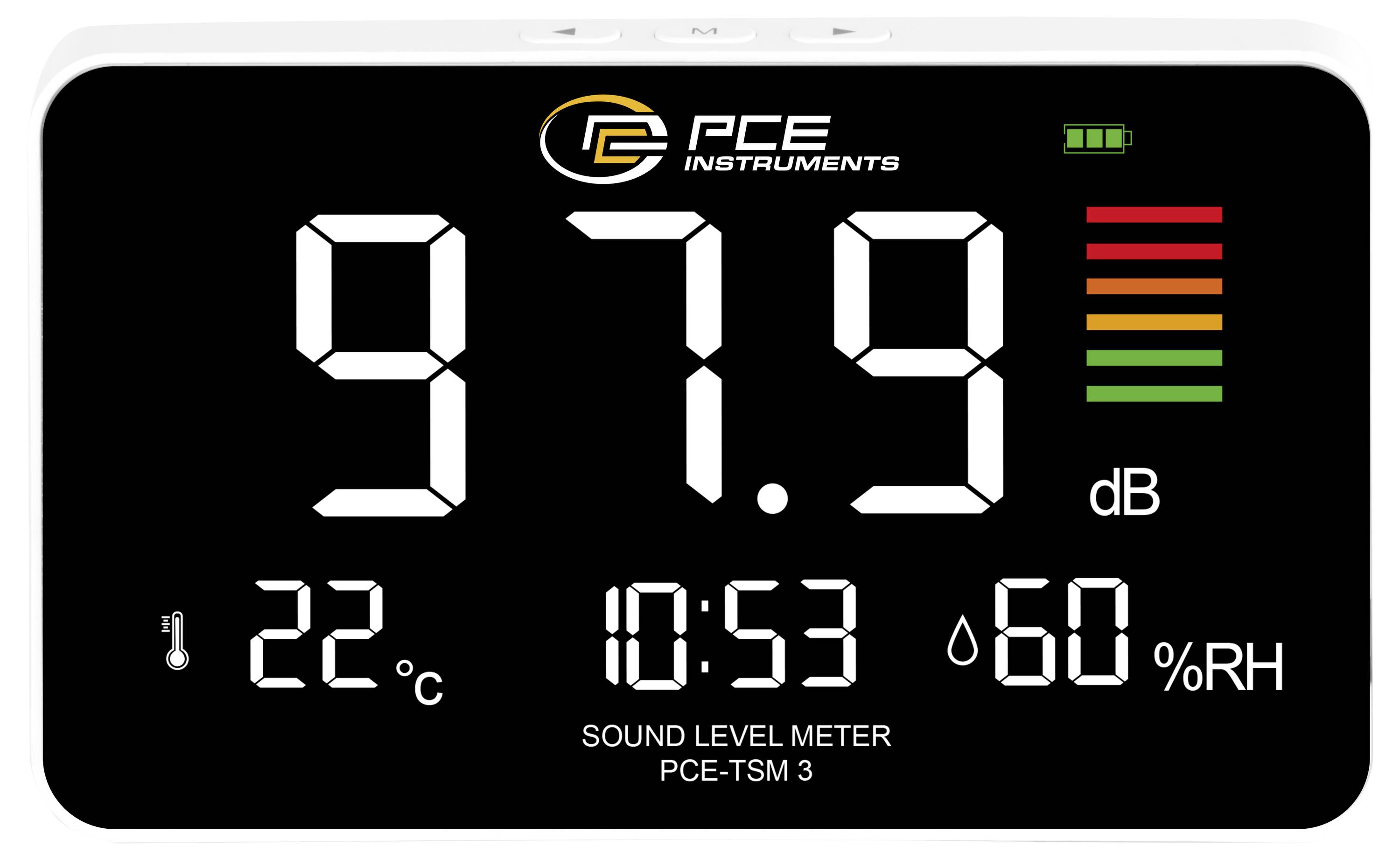 Digitales Schallpegelmessgerät-Display zeigt 97,9 dB, 22°C, 10:53 und 60% relative Luftfeuchte mit Batterieladeanzeige und Pegelbälken.