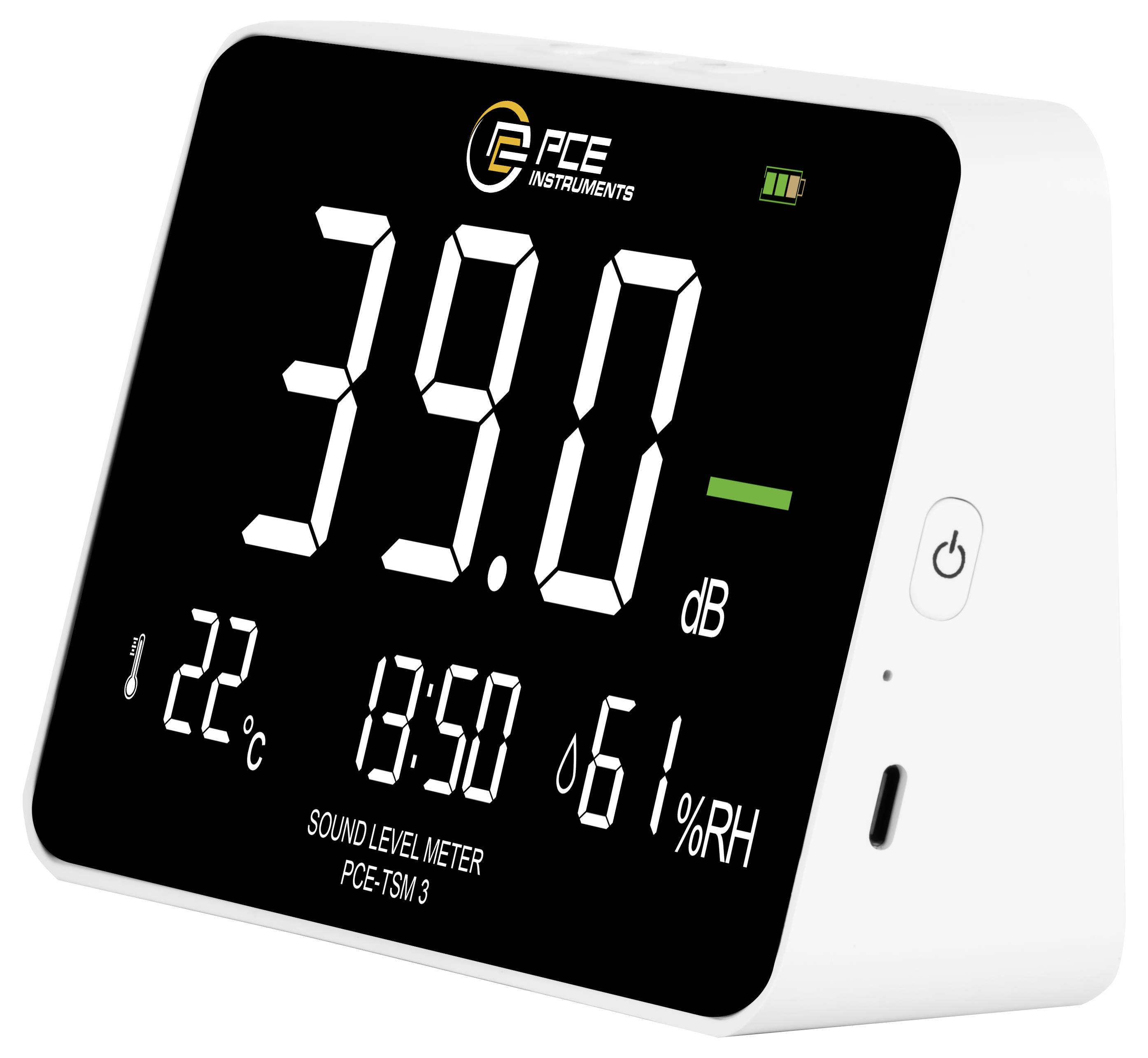 Digitales Schallpegelmessgerät zeigt 39,0 dB, 22°C und 61% relative Luftfeuchte auf schwarzem Display mit Netzschalter und Batterieladeanzeige.