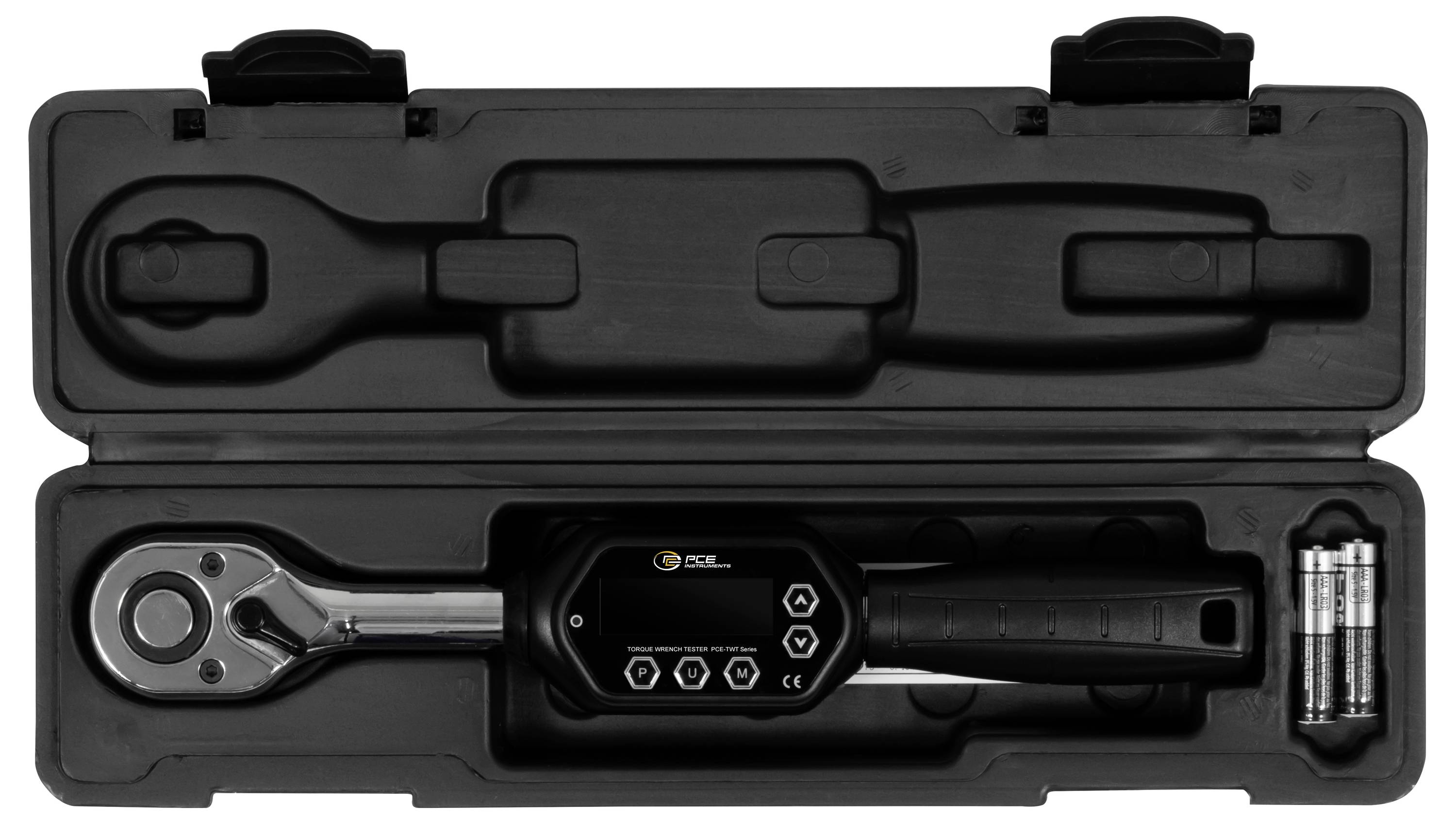 Digitales Drehmomentschlüssel-Set in schwarzem Hardcase, mit austauschbaren Steckköpfen und Batterien im Lieferumfang enthalten