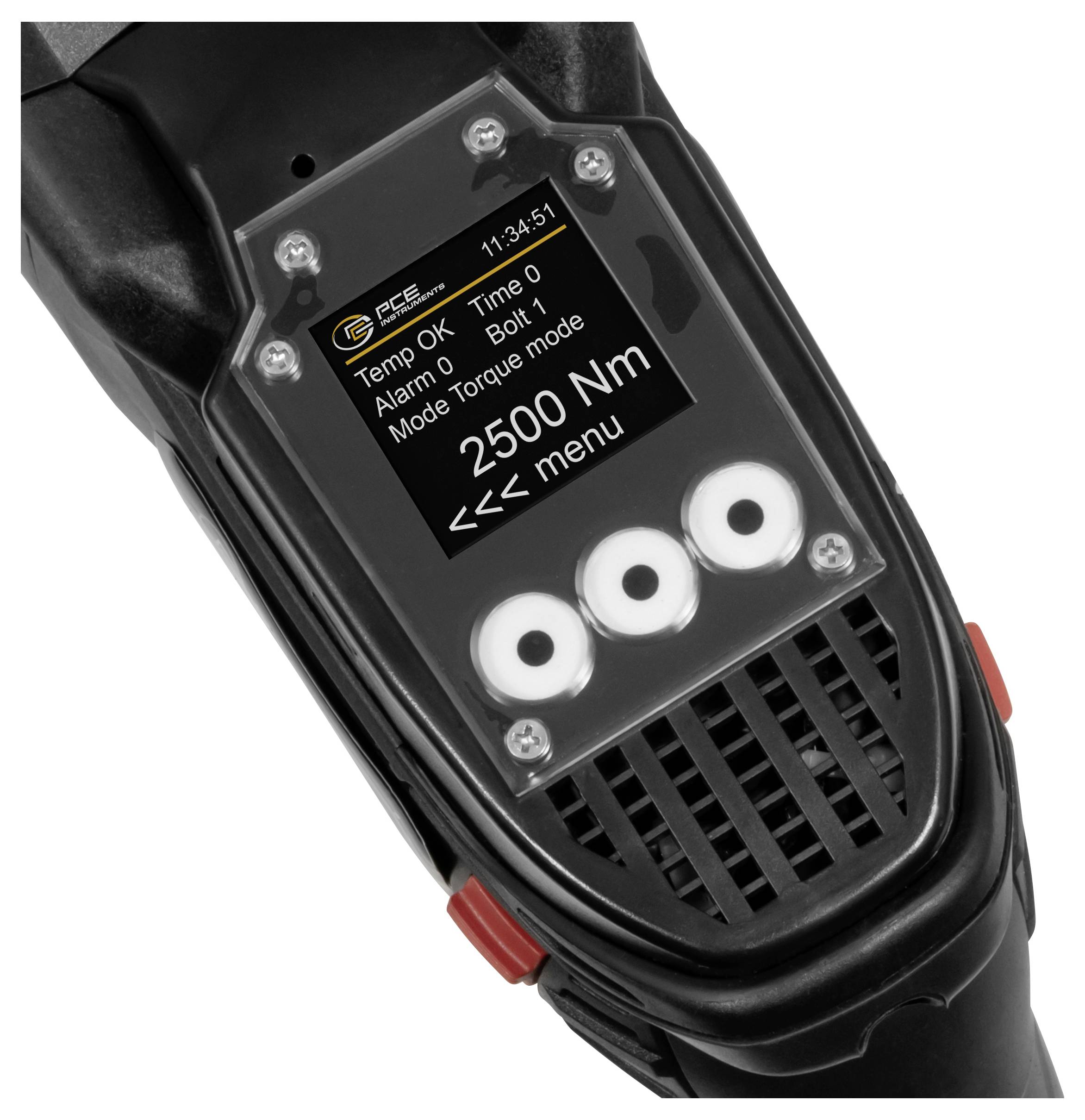 Tragbares Drehmoment-Messinstrument mit digitaler Anzeige, die 2500 Nm anzeigt, Statustext und drei Bedientasten am Griff.