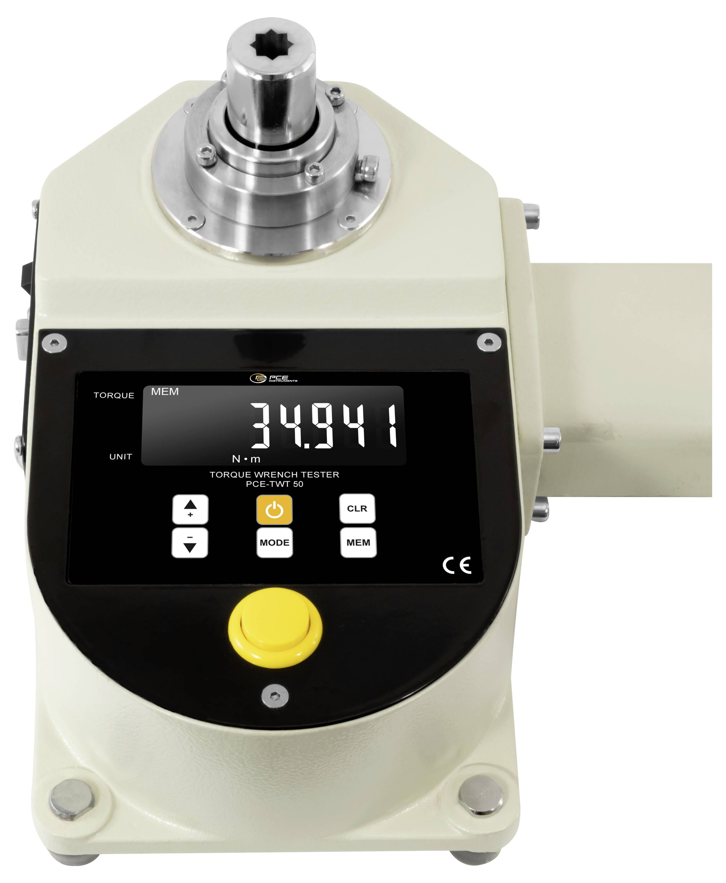 Digitales Drehmomentschlüssel-Prüfgerät mit einer Anzeige von 349,41 auf seinem Bildschirm, mit Bedienungstasten und einem Metallantriebskopf oben.