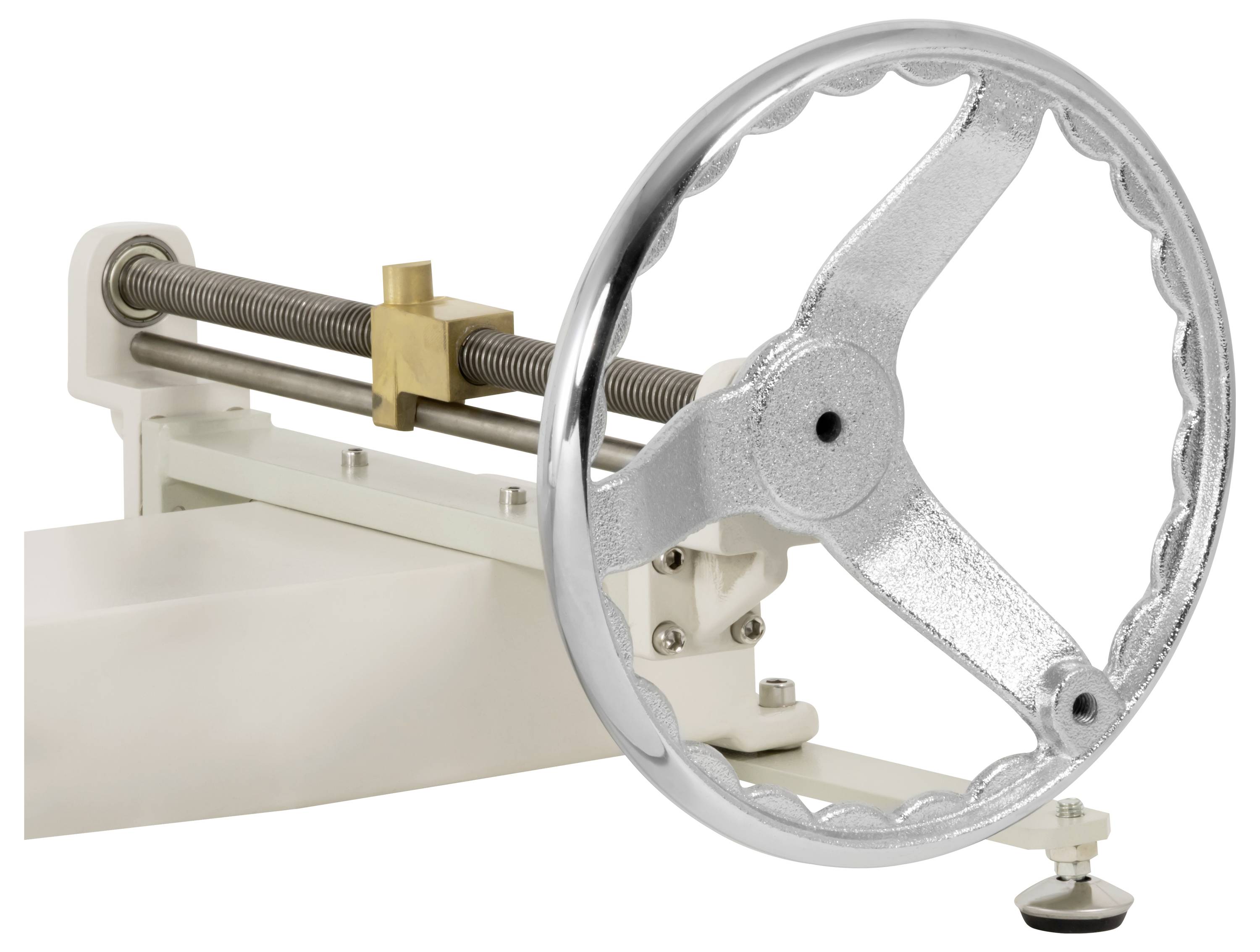 Handgesteuerter Schraubenmechanismus mit einem großen Metallrad, wahrscheinlich zum Einstellen oder Festklemmen einer Maschinenkomponente verwendet.