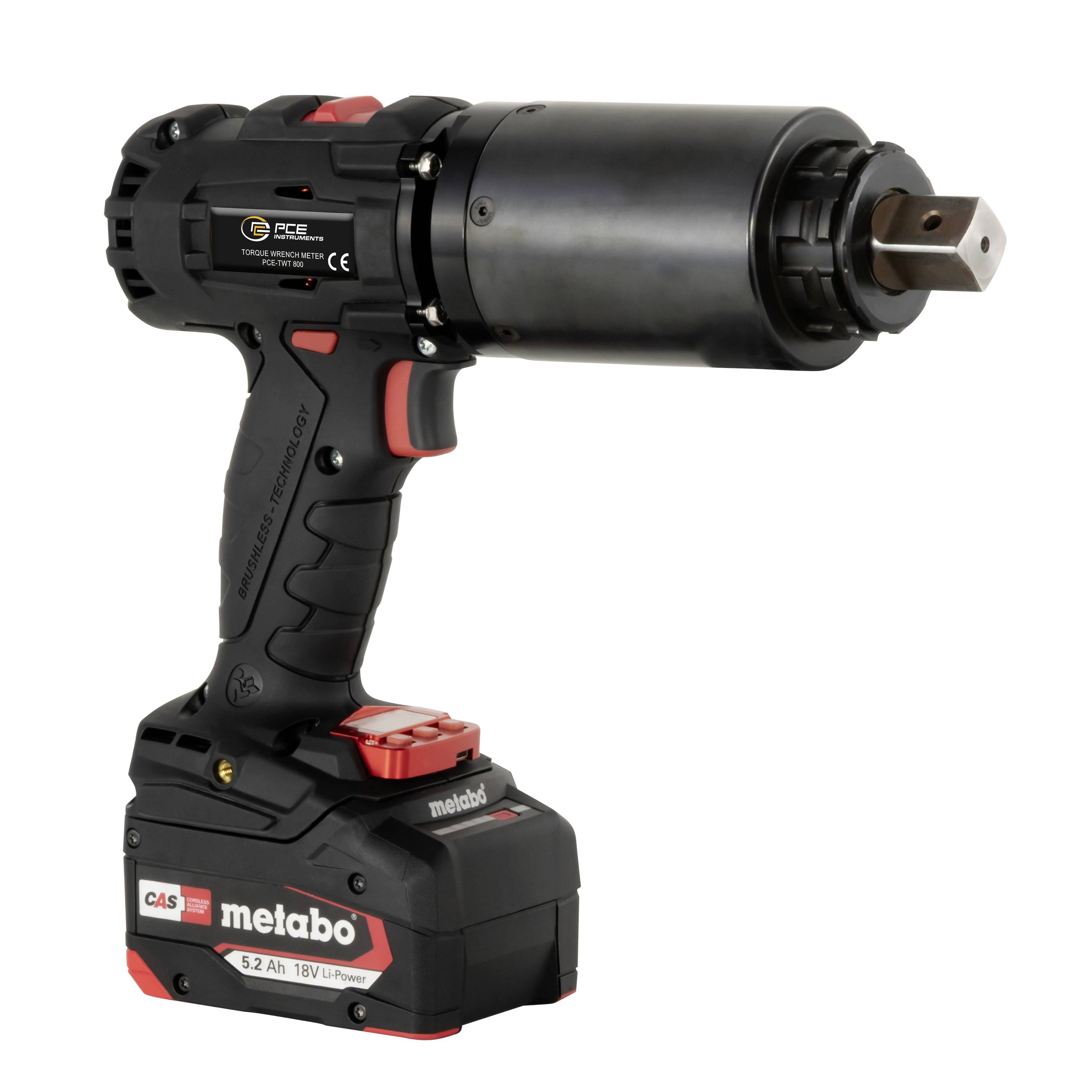 Batteriebetriebener Drehmomentschlüssel von Metabo mit großem zylindrischem Kopf und Vierkantantrieb, dargestellt auf weißem Hintergrund.