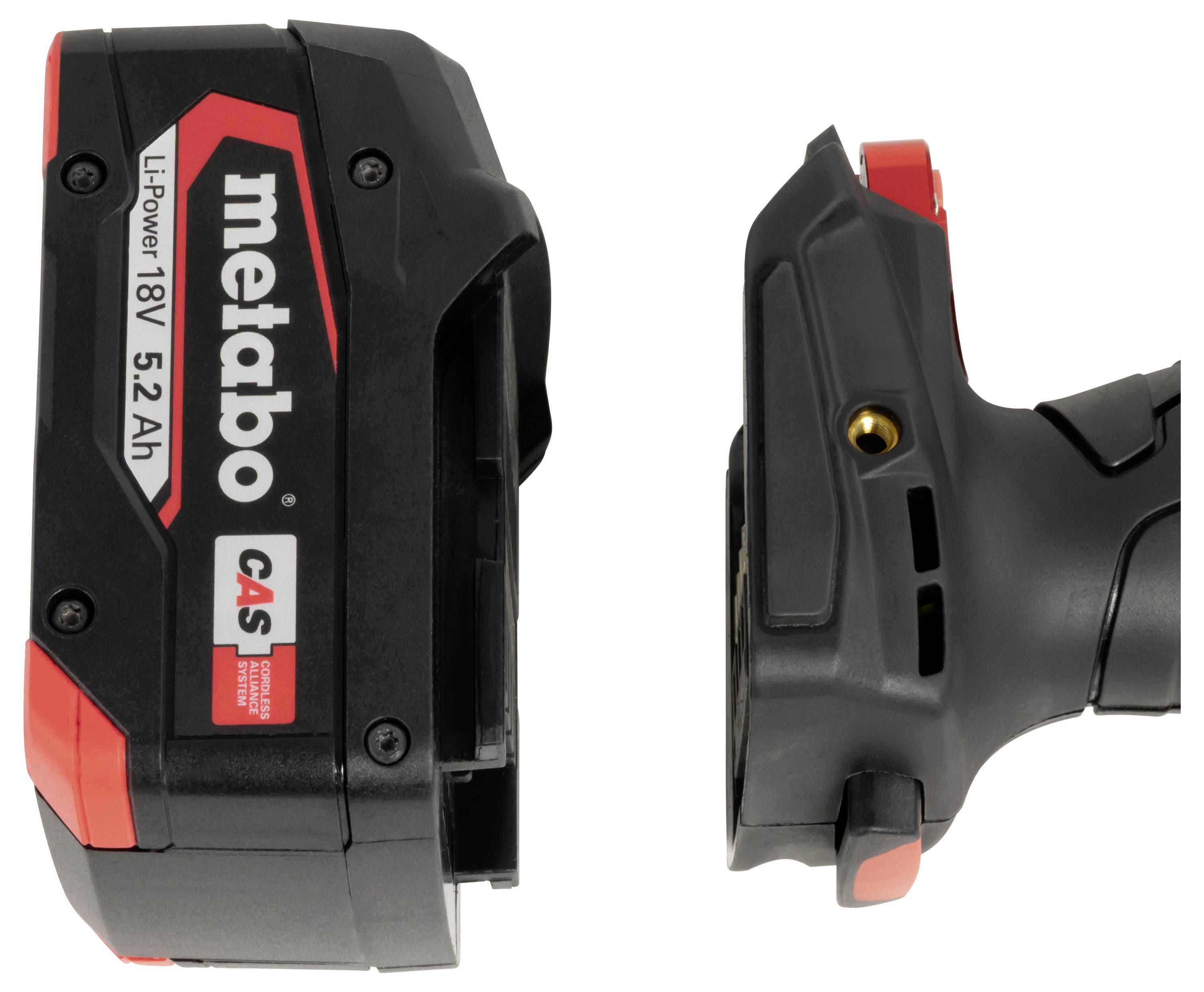 Schwarzes und rotes Metabo Li-Power 18V 5,2Ah Akkupack von zwei Winkeln auf weißem Hintergrund gezeigt.