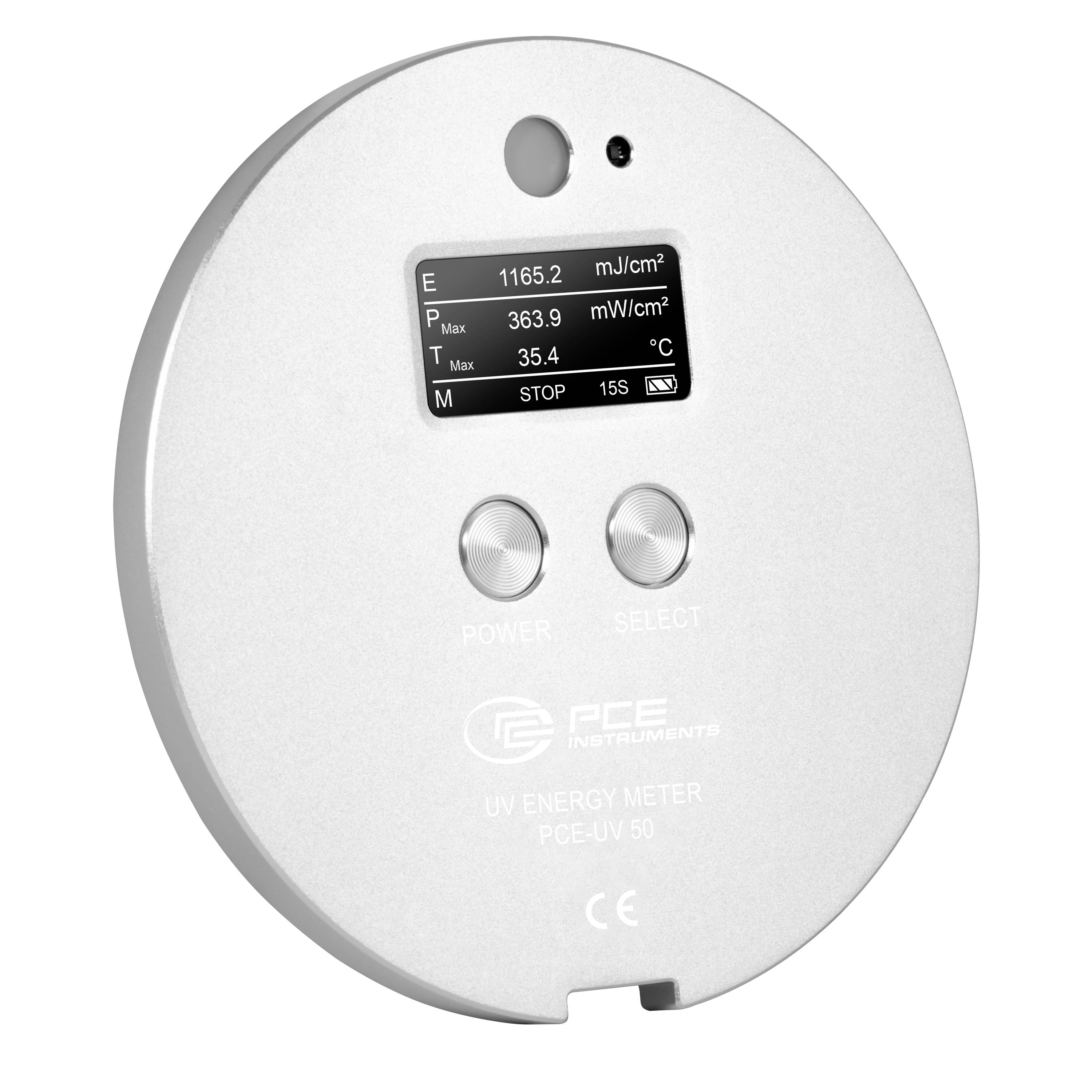 Vorderansicht eines kreisförmigen PCE-UV-Energiemessgeräts mit kleinem Display, zwei Schaltflächen und Bildschirmanzeigen für Energie, Spitzenleistung und Temperatur.