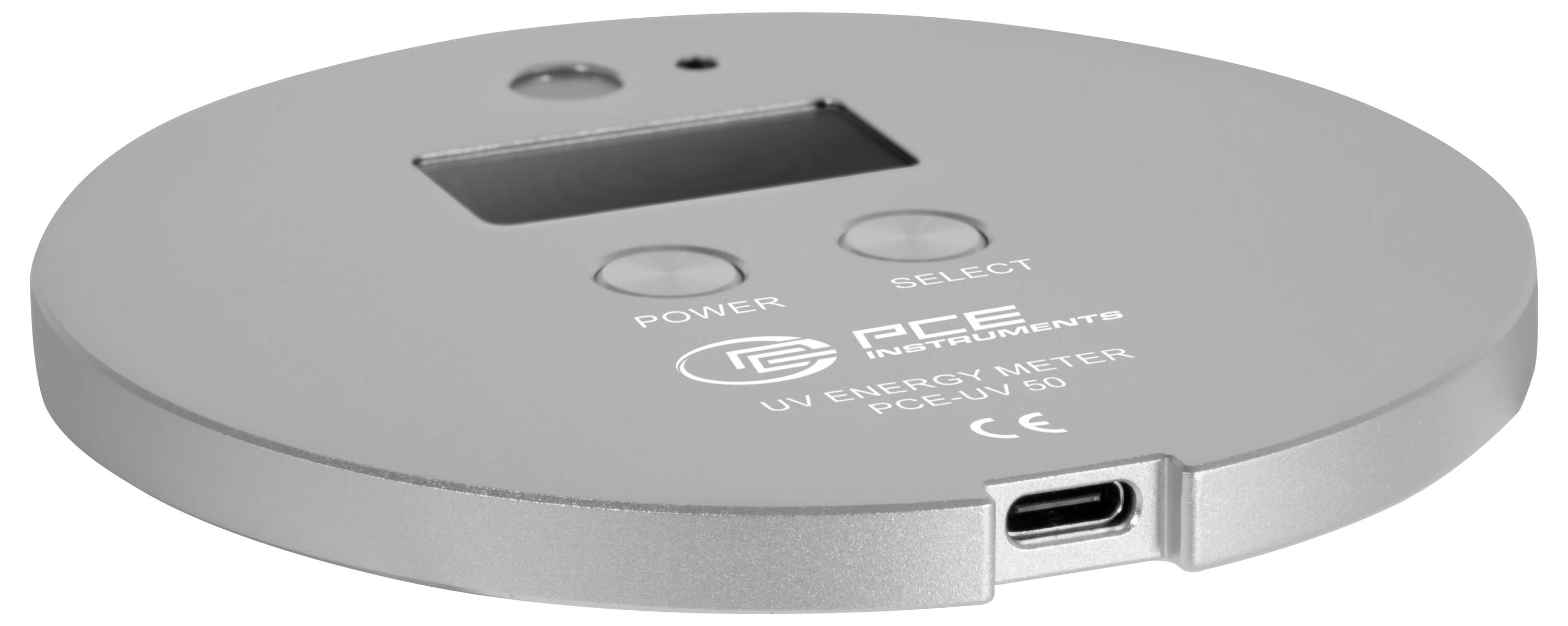 Draufsicht eines silbernen runden Wedge™ USB-C-Messgeräts mit kleinem Display, zwei Tasten mit den Bezeichnungen „POWER